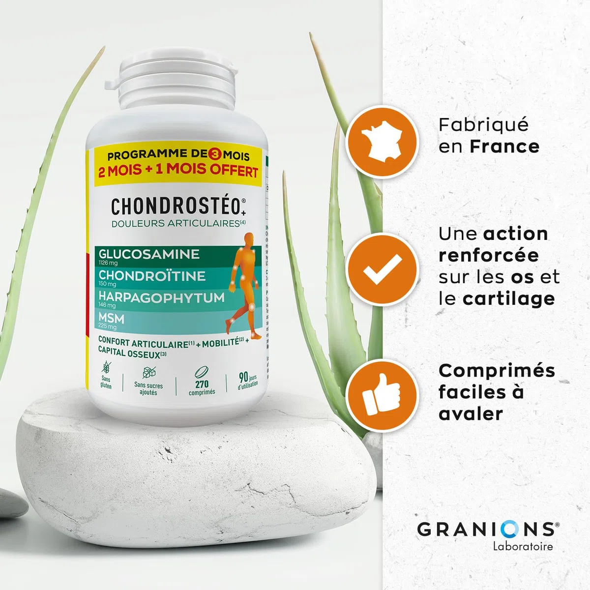 GRANIONS - CHONDROSTÉO Douleurs Articulaires Pilulier - 90 JOURS - 3 MOIS - 270 comprimés