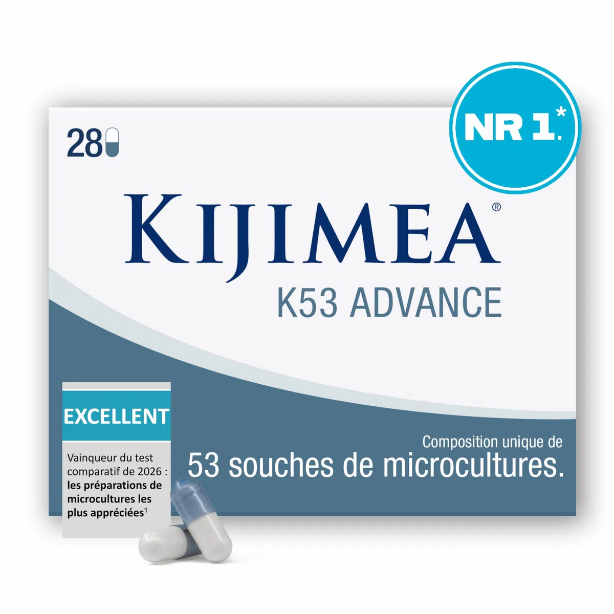 Kijimea® K53 Advance – Gélules de bactéries intestinales à haut dosage | 53 souches de microcultures sélectionnées dans la flore intestinale | avec biotine | >500 milliards d’UFC par boîte 28 gélules