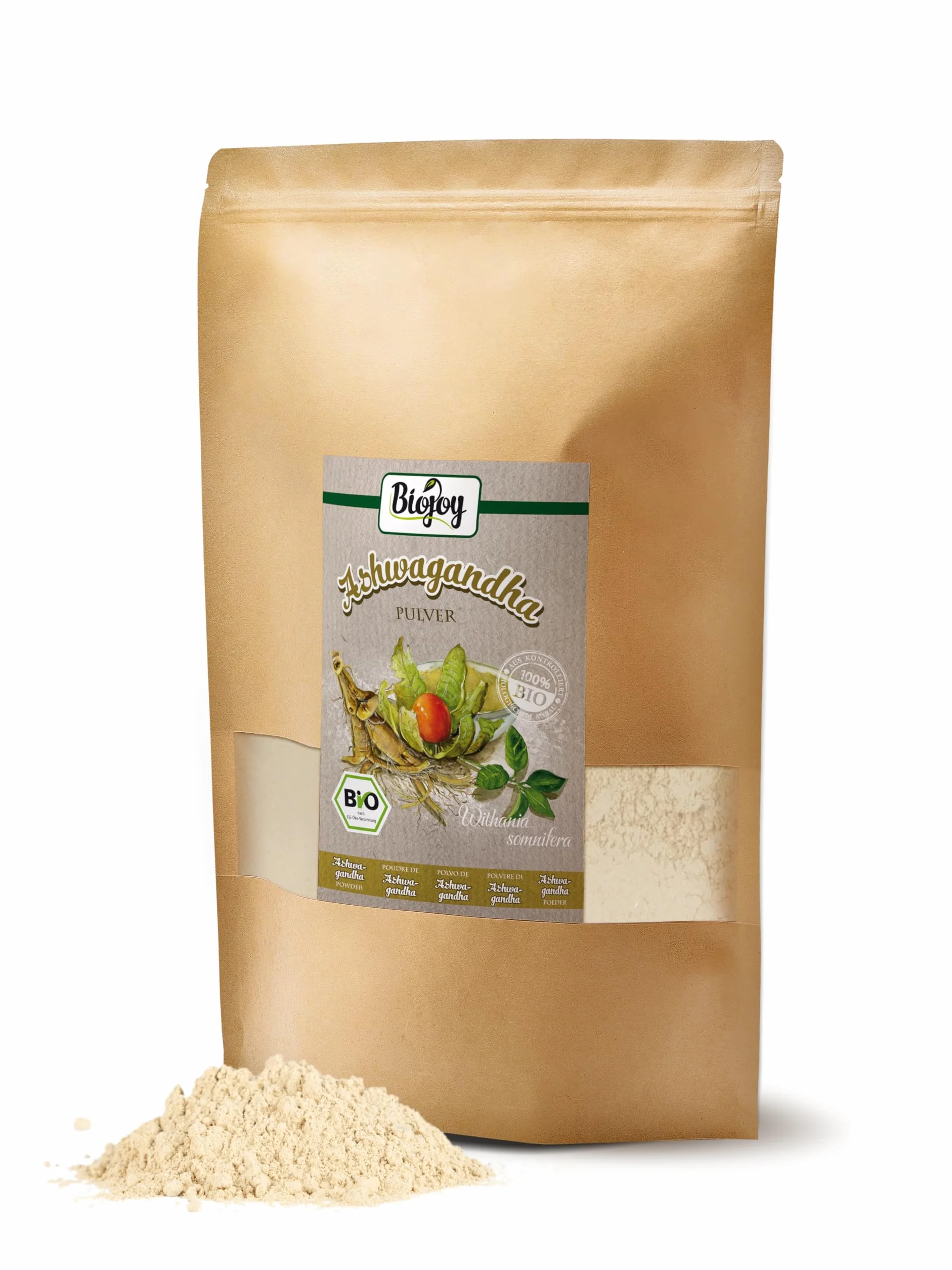 Biojoy Ashwagandha en poudre BIO (1 kg), Racines moulues d´ashwagandha, Ginseng Indien (Withania somnifera)