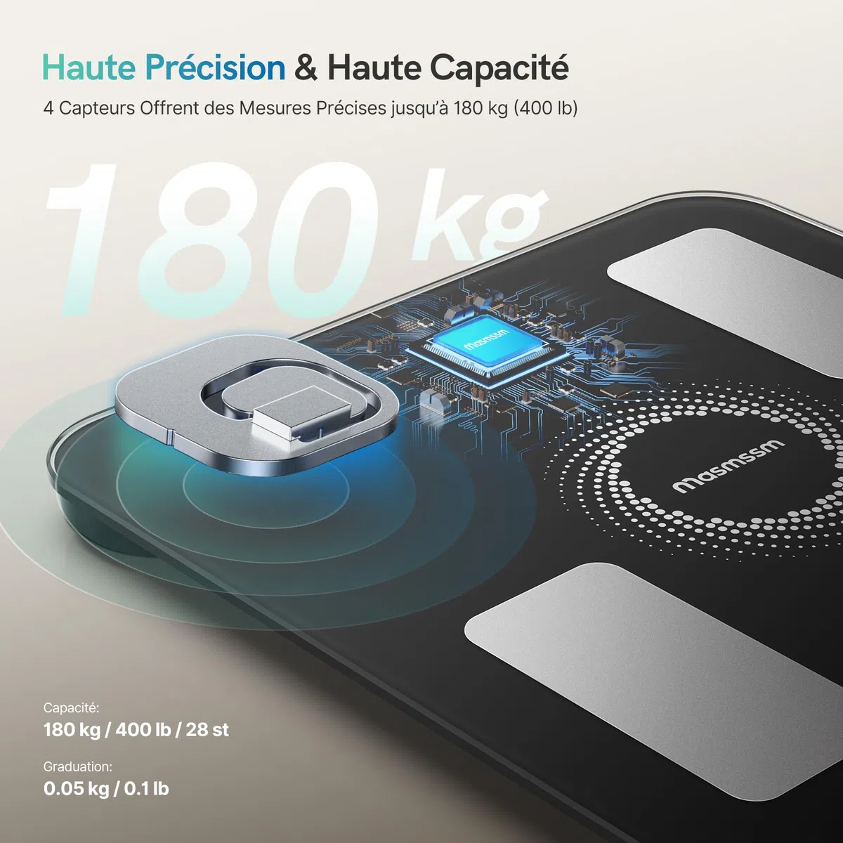Balance Pèse-Personne, Balance Connectée Impédancemètre Écran Couleur 6-en-1 Défilant, 20 Indicateurs, IMC, Graisse Corporelle Pour iOS & Android, Max. 180kg/ 400lb