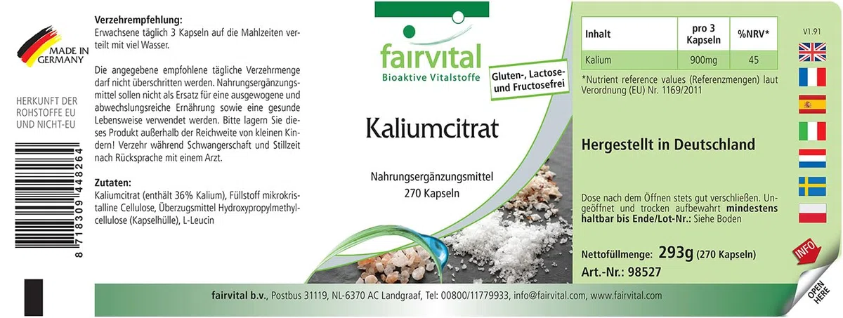 fairvital Citrate de potassium en gélules, HAUTEMENT DOSÉ, 300mg de potassium par gélule, VÉGÉTALIEN, Potassium Citrate, 270 gélules