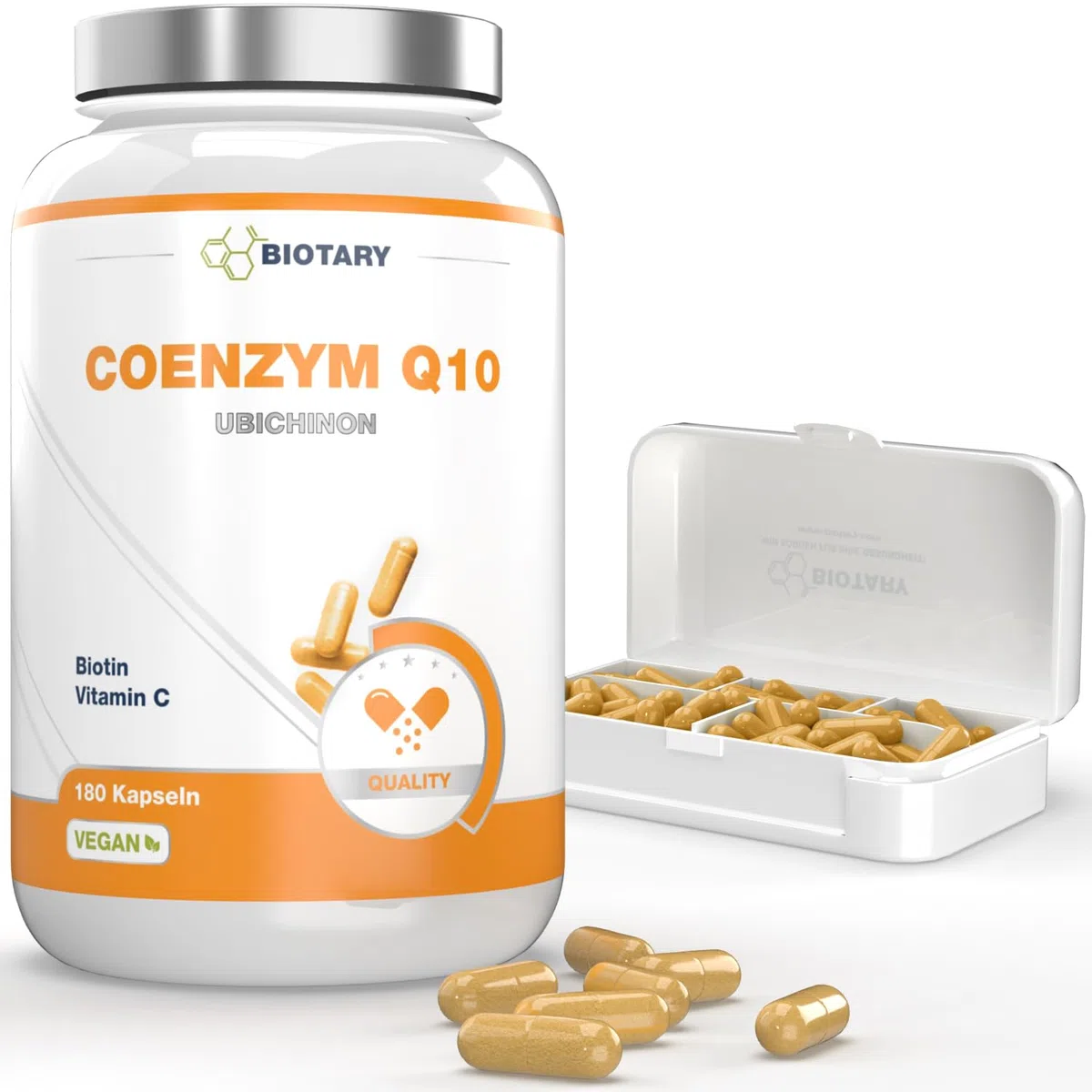 Coenzyme Q10 180 gélules 200 mg d’ubiquinone par gélule avec boîte à pilules incluse 6 mois de réserve avec vitamines C B3 B7 et poivre noir 100% végan qualité contrôlée