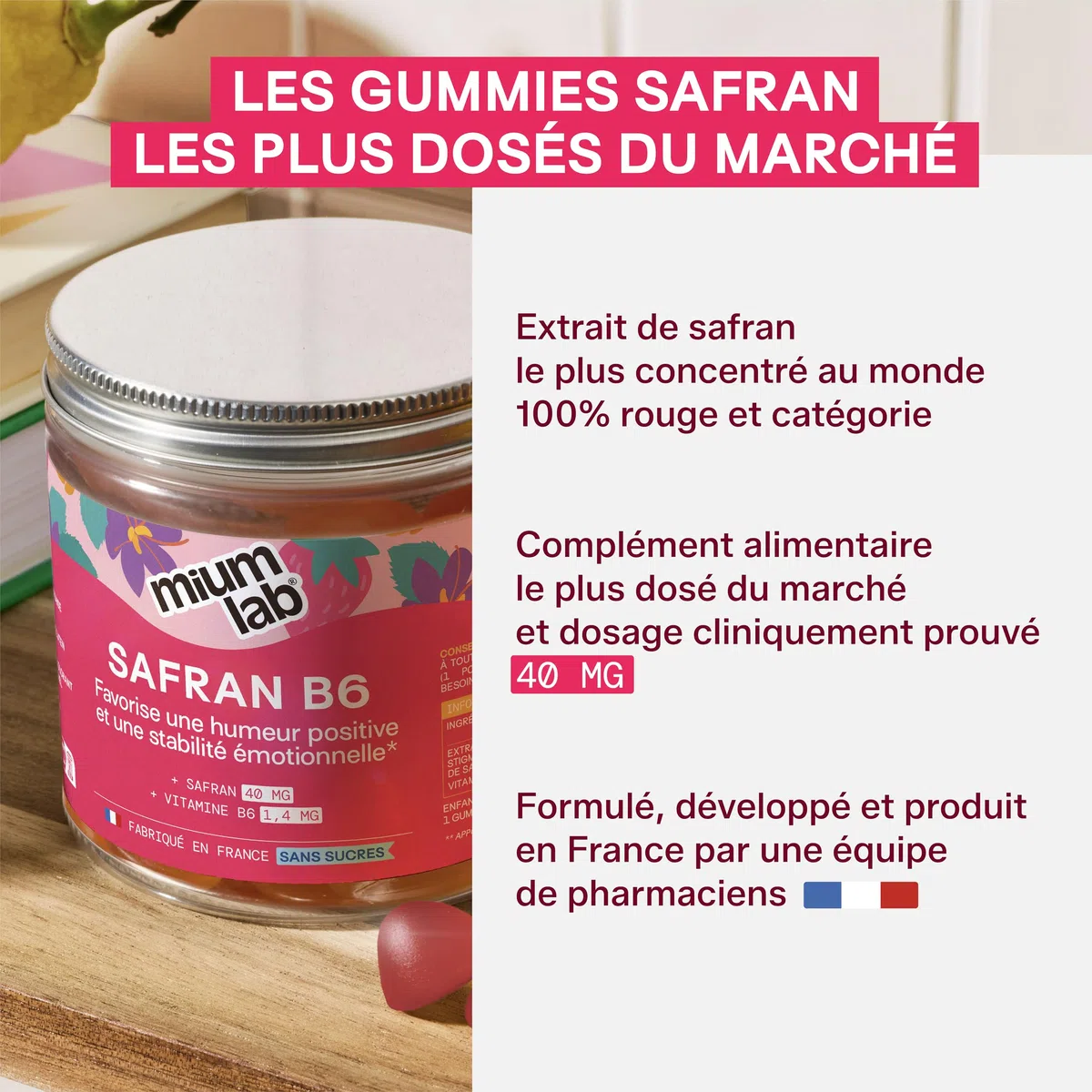 Mium Lab - Gummies Safran Hautement dosé (40mg) et Vit B6 sans sucres - Enfants et Adultes - Formule exclusive - Programme 3 à 6 semaines - Saveur Fraise - Fabriqué en France