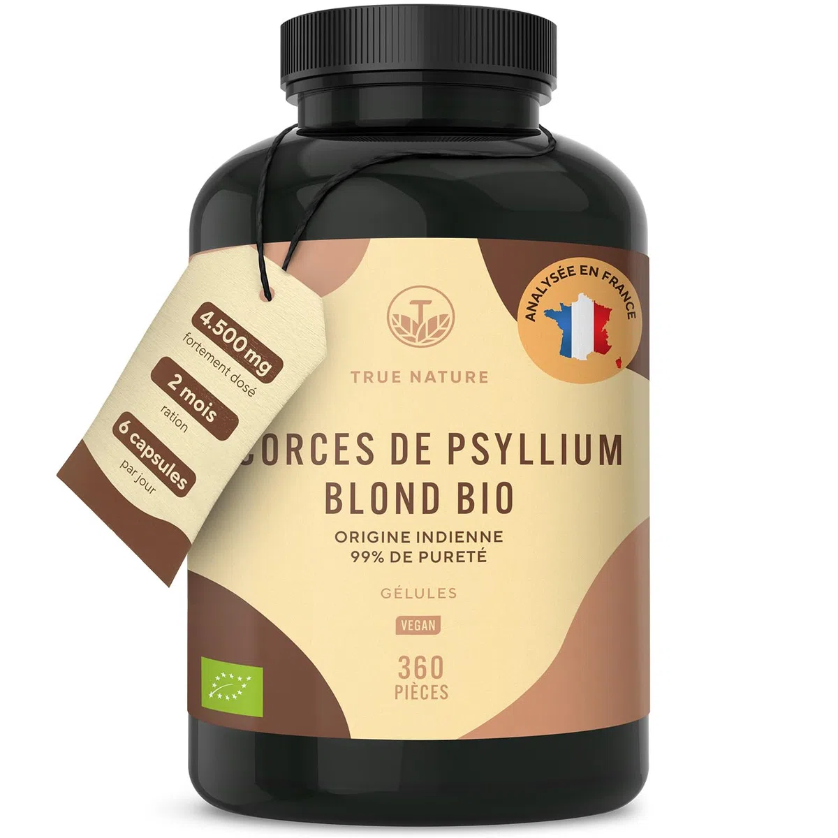 Psyllium Blond BIO | 4.500mg par jour - 360 Gélules pour 2 mois - Téguments purs à 99% - Riche en Fibres - Digestion & Fonction Intestinale - Vegan, Sans Additifs, Gluten & Lactose | TRUE NATURE
