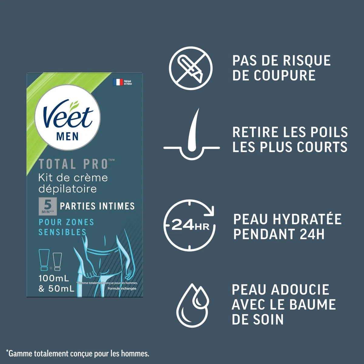 VEET FOR MEN - Lot de 3 Kit d’Épilation Parties Intimes - 3 Crèmes Dépilatoires 100ml et 3 Baumes de Soin 50ml - Zones Sensibles