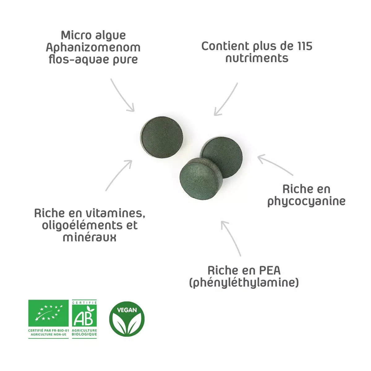 Klamath BIO - 150 comprimés - Complément Alimentaire - Humeur - Immunité - Energie mentale et physique - Vitamine B12 & Vitamine K - Phycocyanine & PEA