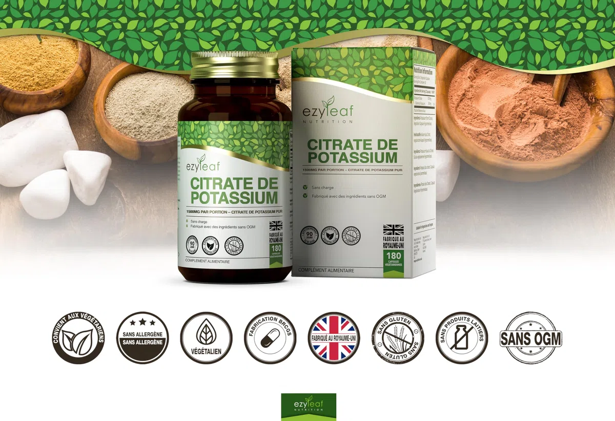 Ezyleaf Citrate de Potassium | 180 Capsules de Potassium à Haute Teneur - 1000mg de Potasium Citrate par Portion | Pas de charges Sans OGM Sans Gluten Sans Produit Laitier Sans Allergène