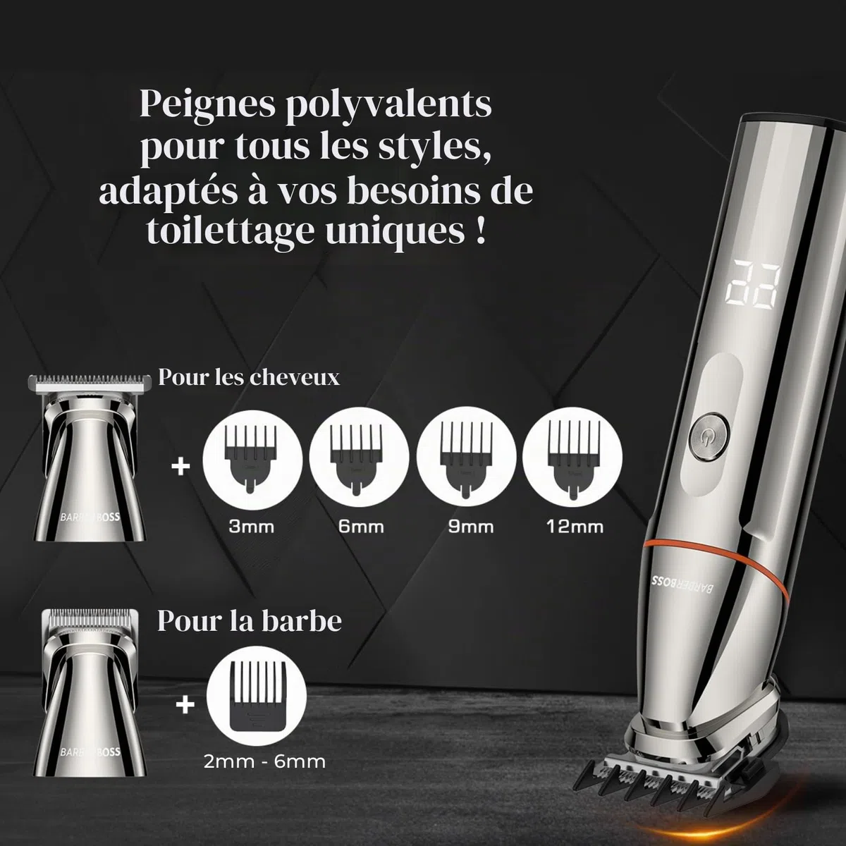 BarberBoss Kit tondeuse à barbe sans fil pour homme, rasoir 5 en 1 avec tondeuse à cheveux, tondeuse nez, recharge USB-C et lames en acier inoxydable, toiletteur corporel