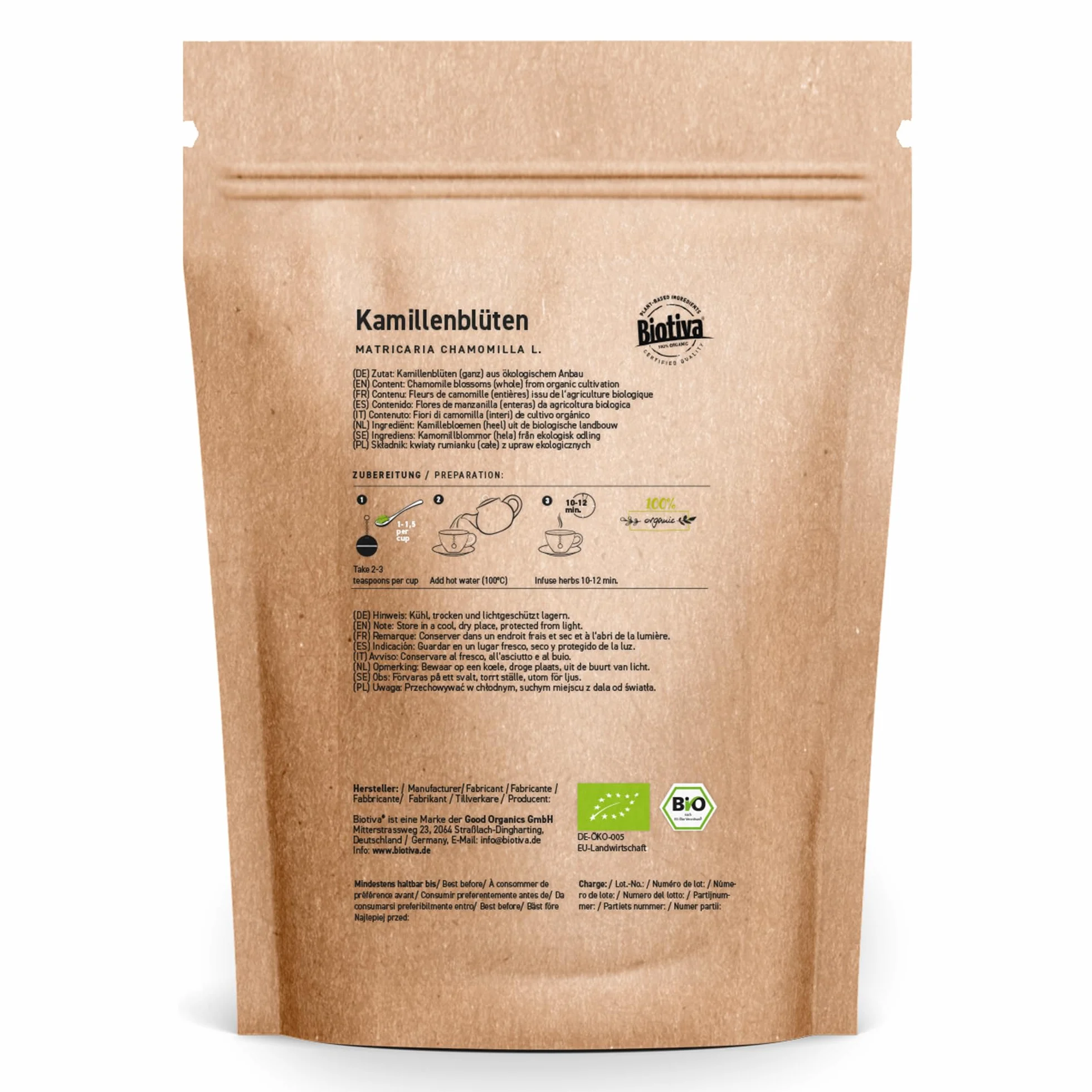 Tisane de fleurs de camomille bio 500g - Culture UE - Fleurs de camomille bio de grande qualité - Matricaria chamomilla - Bain à la camomille- Biotiva