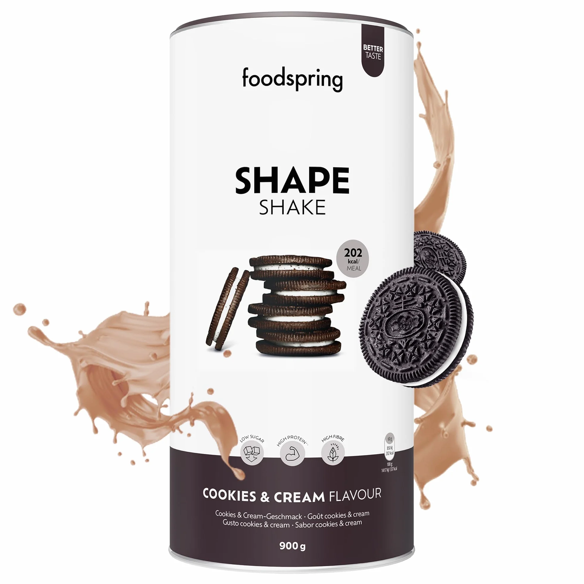 foodspring Shape Shake Cookies & Cream - Substitut de repas complet pour le contrôle du poids avec des protéines de qualité supérieure, 202 kcal par portion, sans gluten - nouvelle recette (900g)