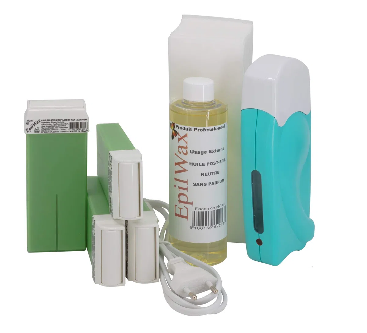EpilWax - Kit Chauffe Cire Épilation Professionnelle avec 4 x Recharges Roll on Cire à l’Aloé Vera, 100 x Bandes d'Épilation et Huile après Épilation - Gamme Solo