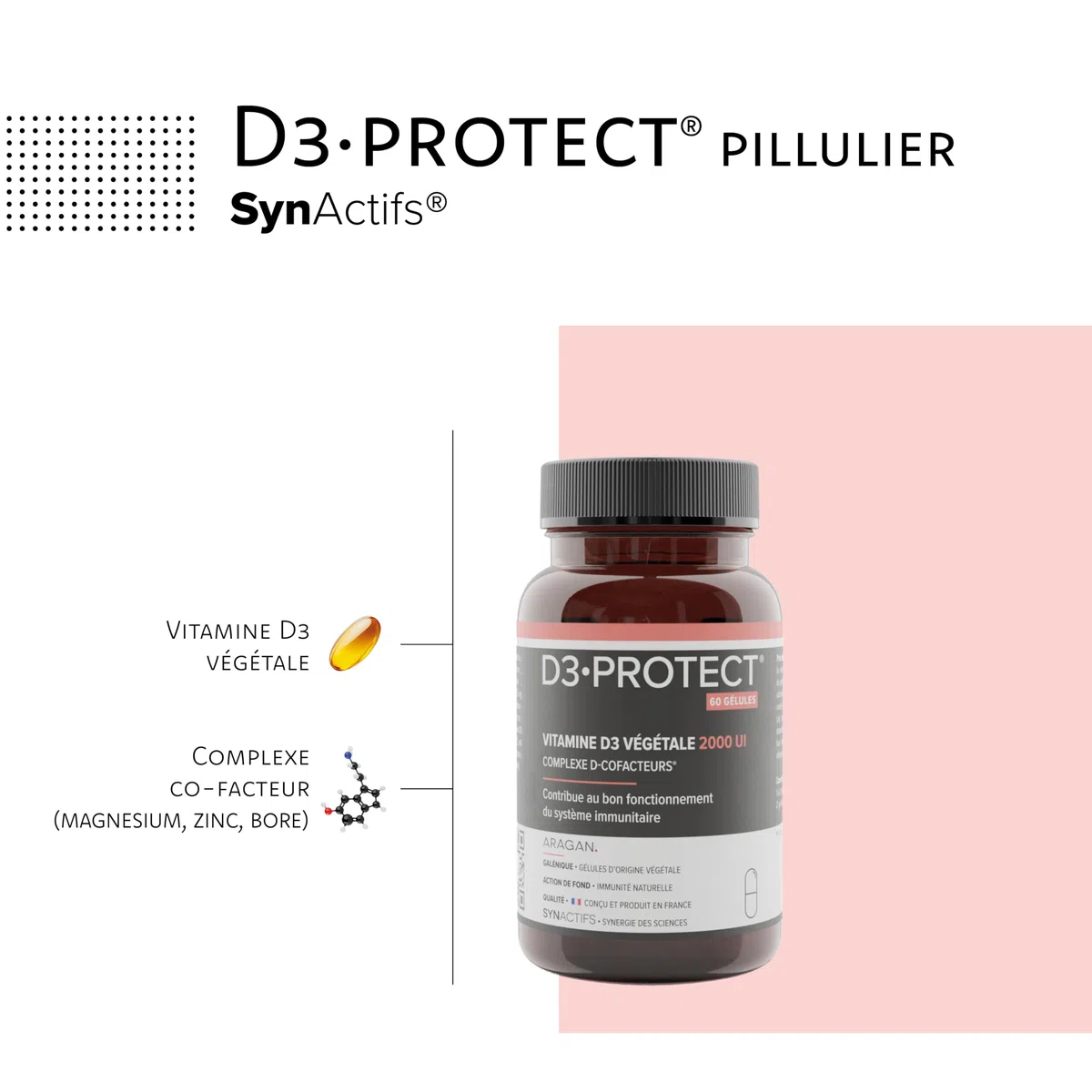 Vitamine D3 2000 UI - Haut Dosage - Complement Alimentaire Immunité - Magnesium, Zinc - Aragan - 60 Gélules - Programme 1 à 2 Mois