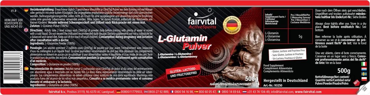 fairvital L-glutamine en poudre, HAUTEMENT DOSÉE, VÉGÉTALIENNE, 500 g, acide aminé sans additifs