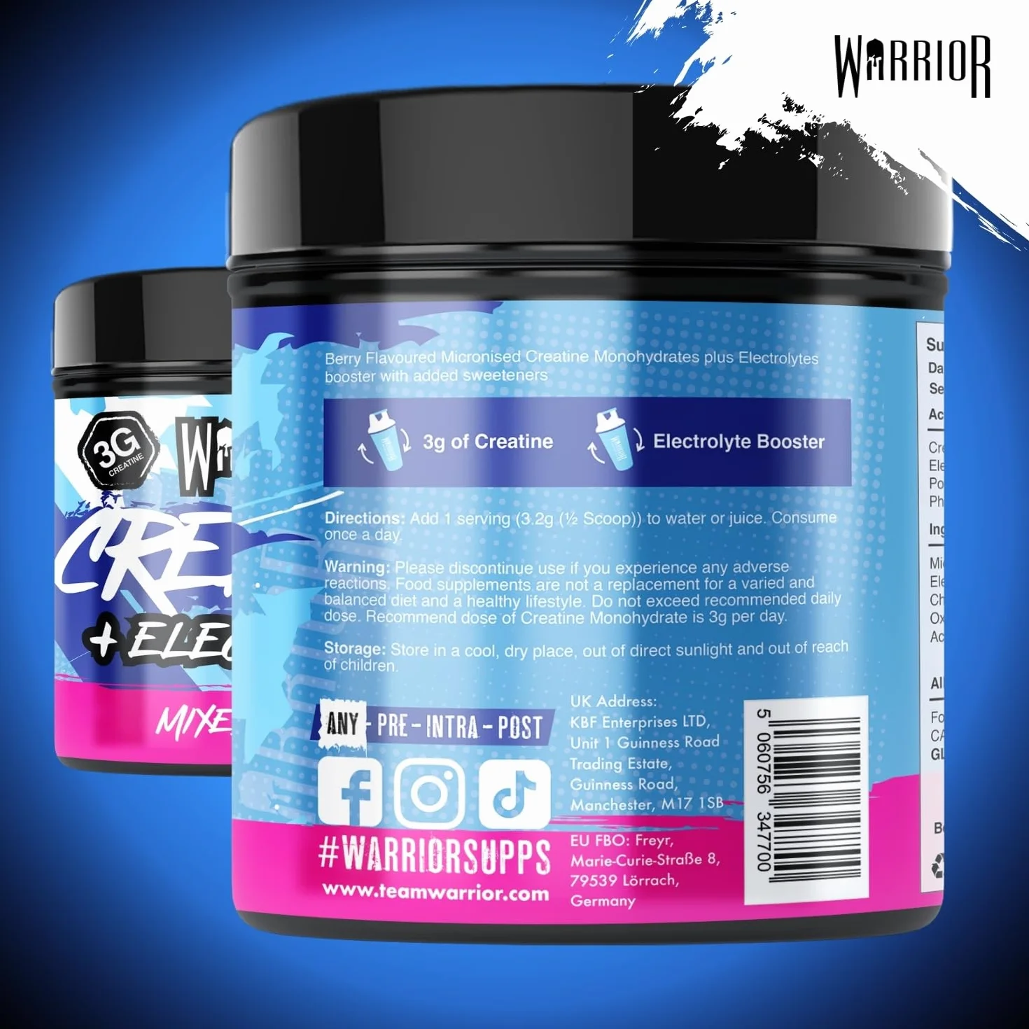 Warrior Créatine Monohydrate + Électrolytes Poudre 360 g, 80 Doses – Créatine Poudre avec Électrolytes, Intra Workout Prise de Masse & Hydratation, Sans Sucre – Mélange de Baies