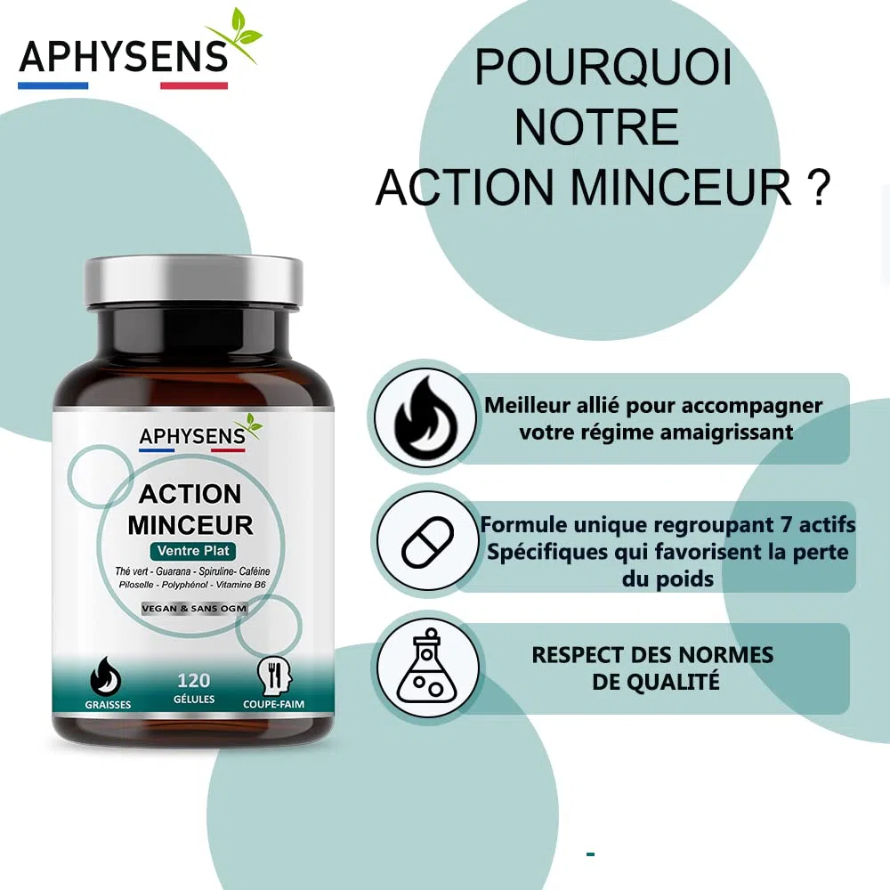 Bruleur de Graisse Puissant et Naturel – Guarana, Spiruline,Thé vert – Coupe Faim, Effet Minceur – Perte de Poids Rapide Homme et Femme – 120 Gélules – Fabriqué en France – Aphysens