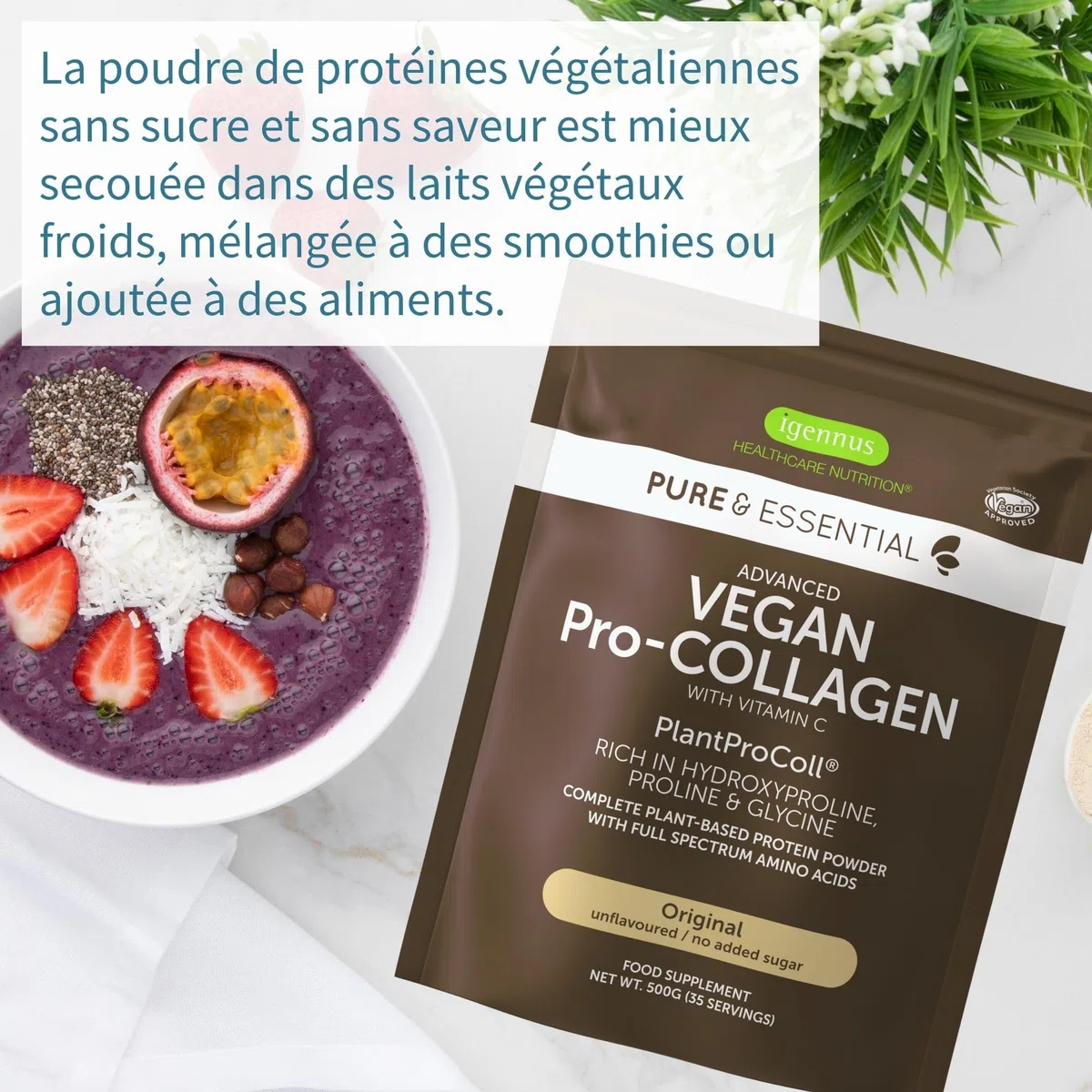 Collagène Vegan en Poudre Avancé avec Vitamine C, 11 g de Protéines, 21 Acides Aminés (y compris Glycine), Peptides de Collagène 100% Végétale, Non Aromatisé, 35 portions – par Igennus