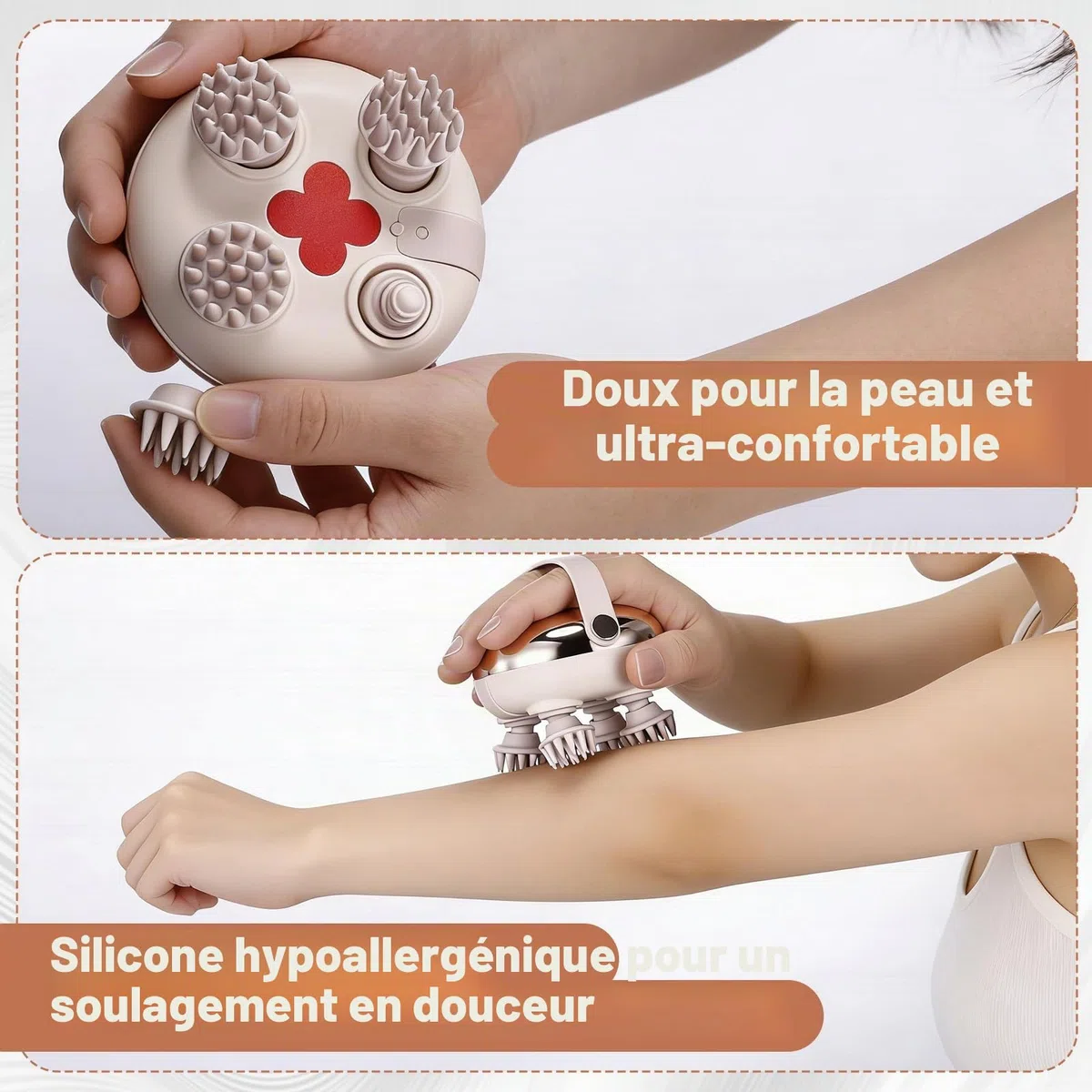 Masseur Électrique Intelligente Cuir Chevelu - Sans Fil, IPX7 Imperméable, 8 Têtes Silicone Interchangeables, Lumière Rouge, pour Soin du Cuir Chevelu et Relaxation Corporelle