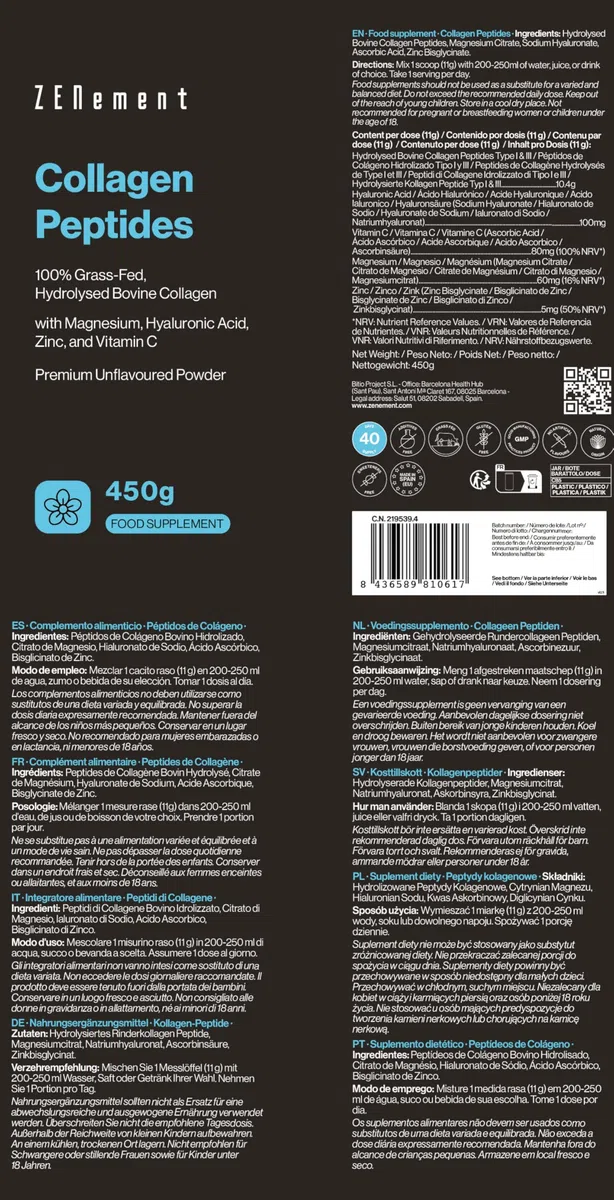 Peptides de Collagène Hydrolysé de Bovins provenants de Pâturages - avec Magnésium, Acide Hyaluronique, Zinc et Vitamine C - Non Aromatisé - Haute Solubilité - 450 g