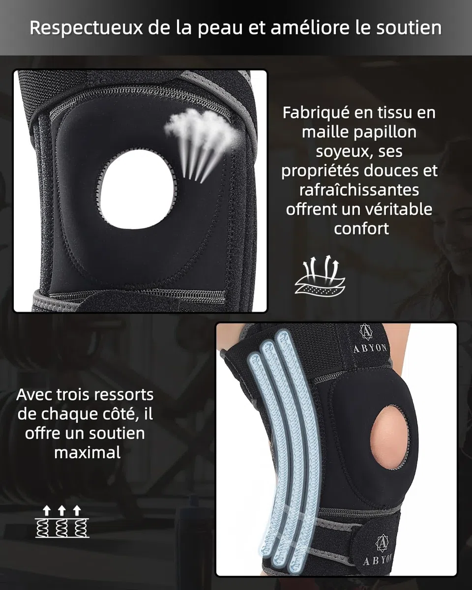 ABYON ELITE Genouillère Hommes & Femmes avec sangles antidérapantes réglables 4 niveaux et stabilisateurs latéraux – Attelle de genou pour douleurs, arthrite, LCA, ménisque, genou du coureur