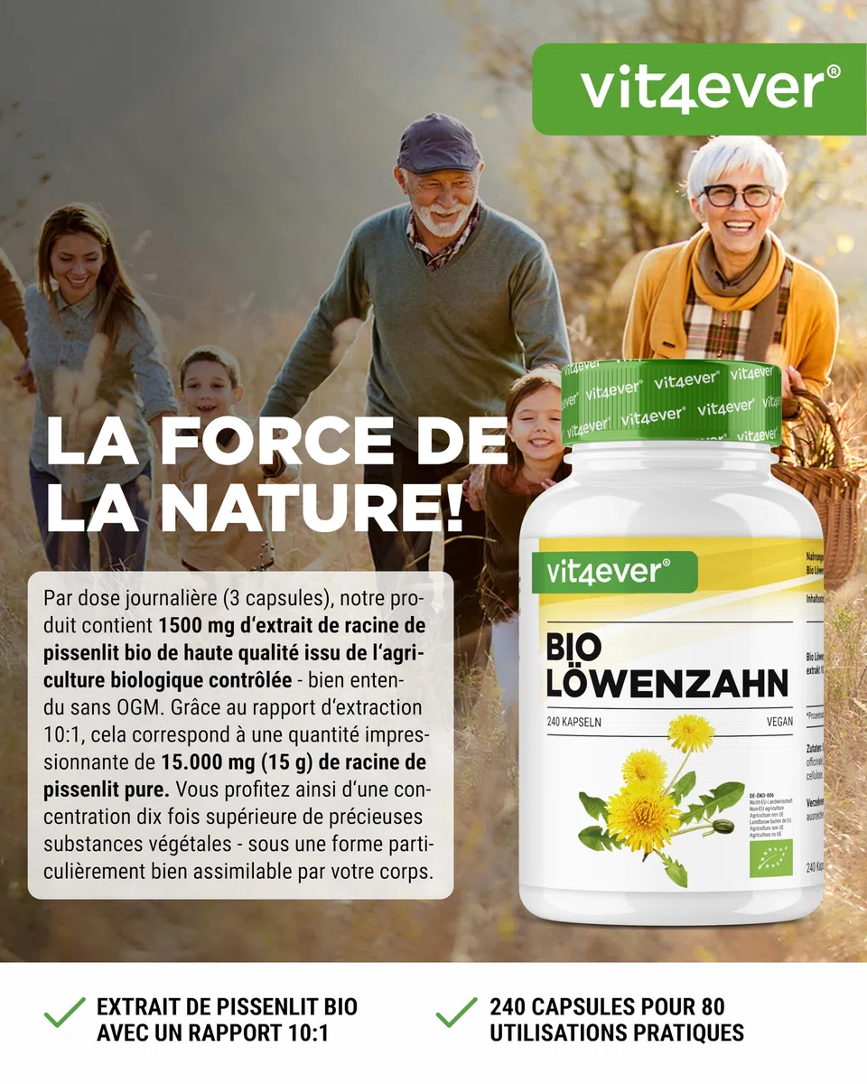 Pissenlit bio – 240 gélules – 1500 mg d'extrait de racine de pissenlit - Rapport 10:1 hautement dosé - Extrait véritable de Taraxacum officinale - Sans additifs – Vegan