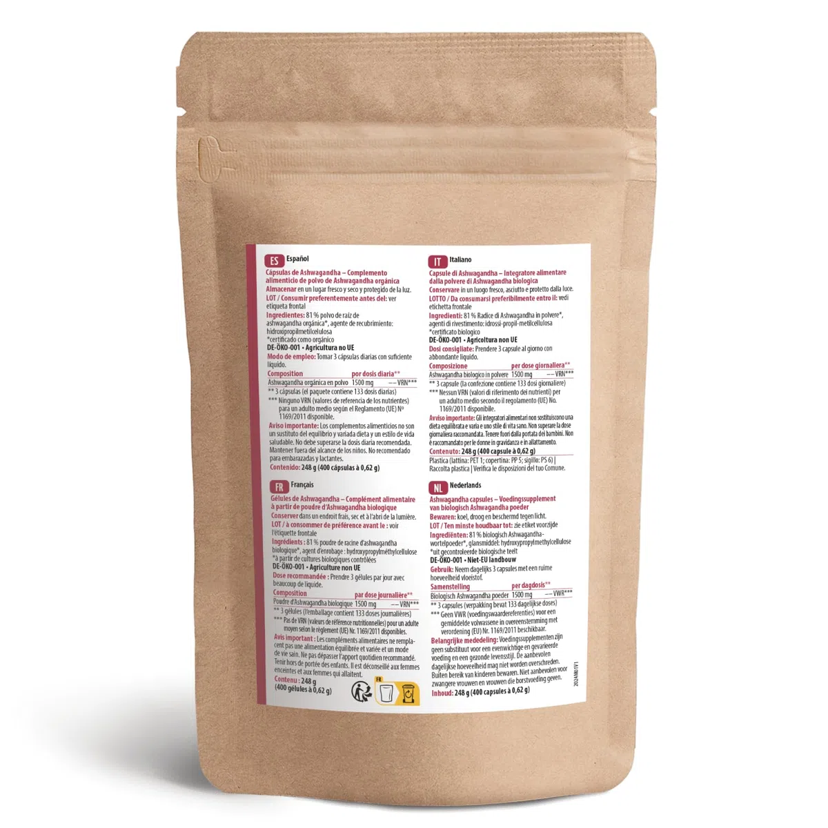 Gélules d'ashwagandha bio 400 pièces | Recharge | poudre d'ashwagandha finement moulue sous forme de gélules | qualité biologique certifiée | rôle important dans l'ayurvéda indien | vom Achterhof