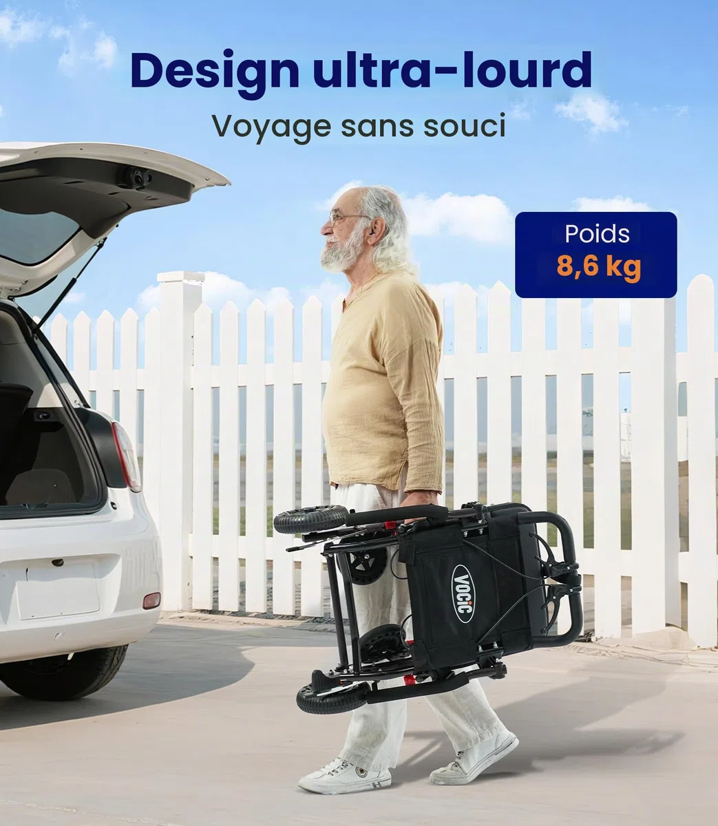 VOCIC U41 Fauteuil Roulant Pliable Ultraléger 8.6KG | Chaise roulante de transport voyage en avion,pneus honeycomb 20CM tous terrains,aluminium compact étroit (Noir)