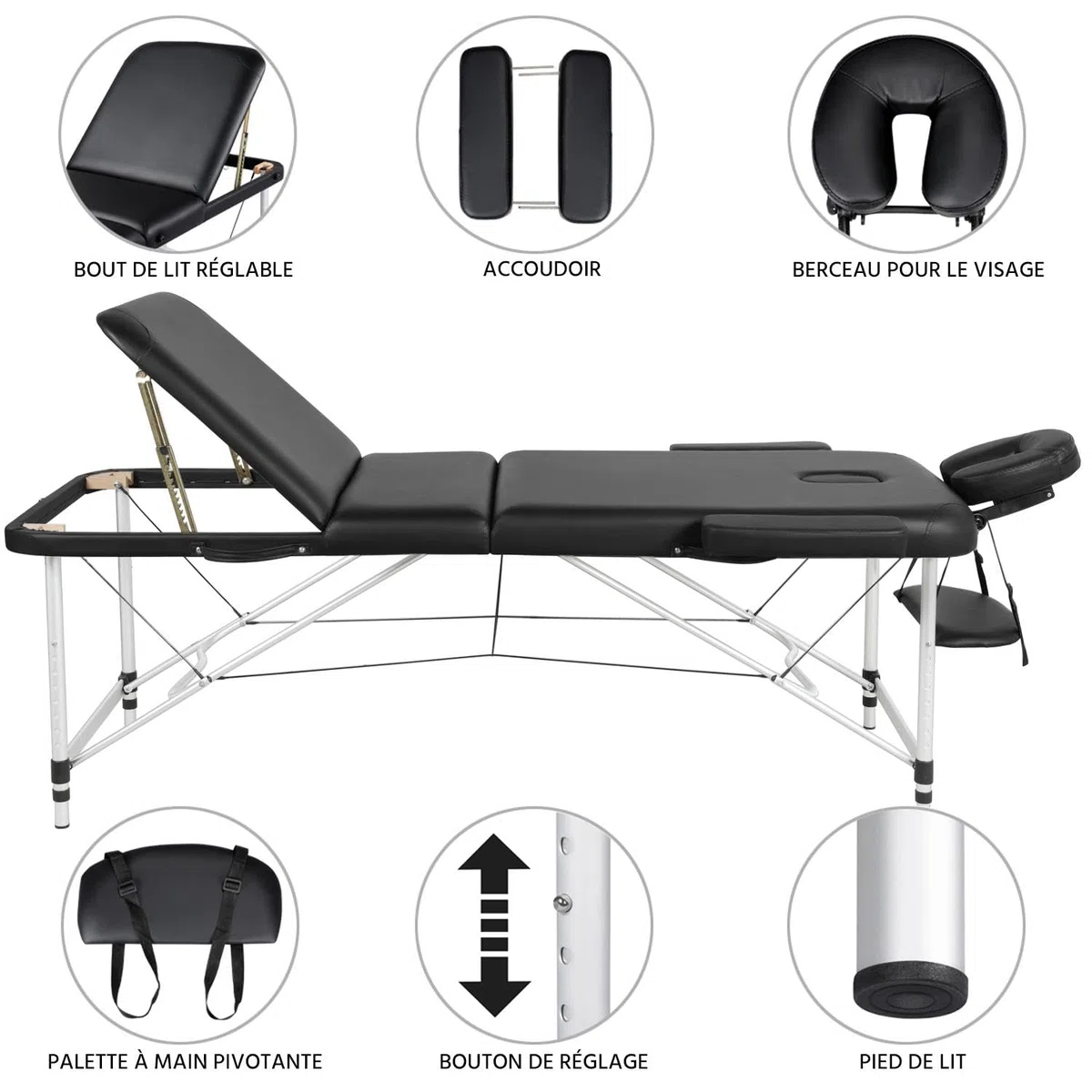 Yaheetech Table de Massage Pliante Professionnelle 3 Section 90 x 213 cm avec Cadre en Aluminium Lit de Massage Large Portable à Hauteur Réglable Repose-tête Ergonomique pour Massage Spa Tatouage