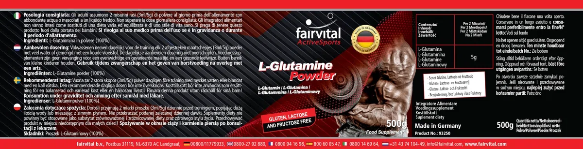 fairvital L-glutamine en poudre, HAUTEMENT DOSÉE, VÉGÉTALIENNE, 500 g, acide aminé sans additifs