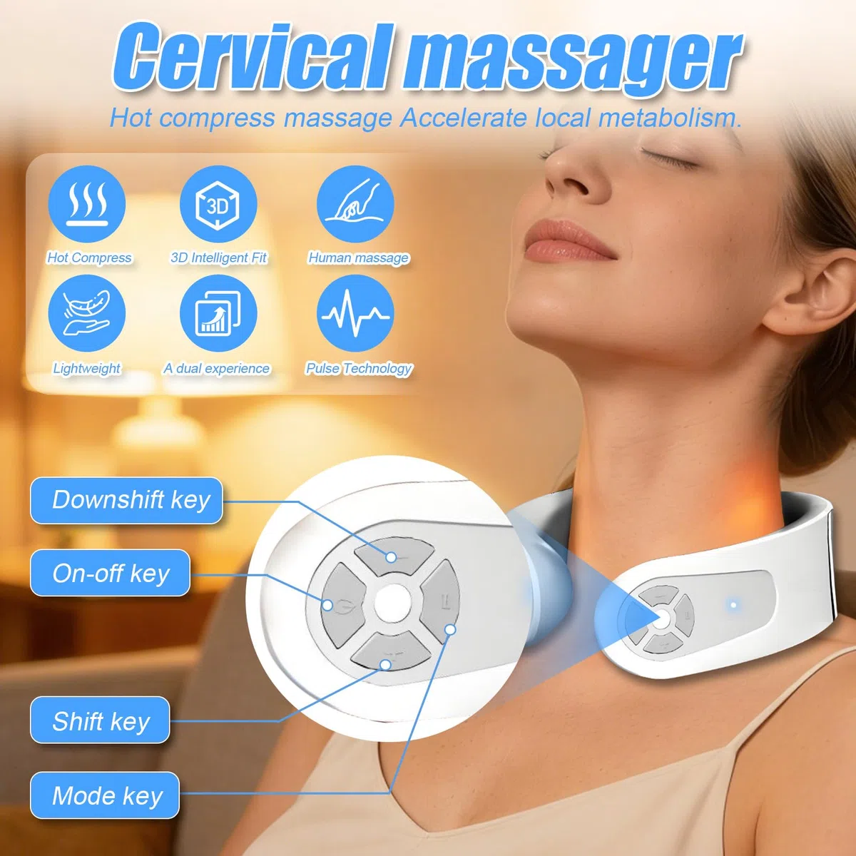 Masseur Cervical, Massage Cou Portable Vocale Intelligente avec Thérapie Thermique à 42°C, 6 Modes 15 Intensités, Masseur électrique à impulsions cervicales pour Bureau, Maison, Voyage
