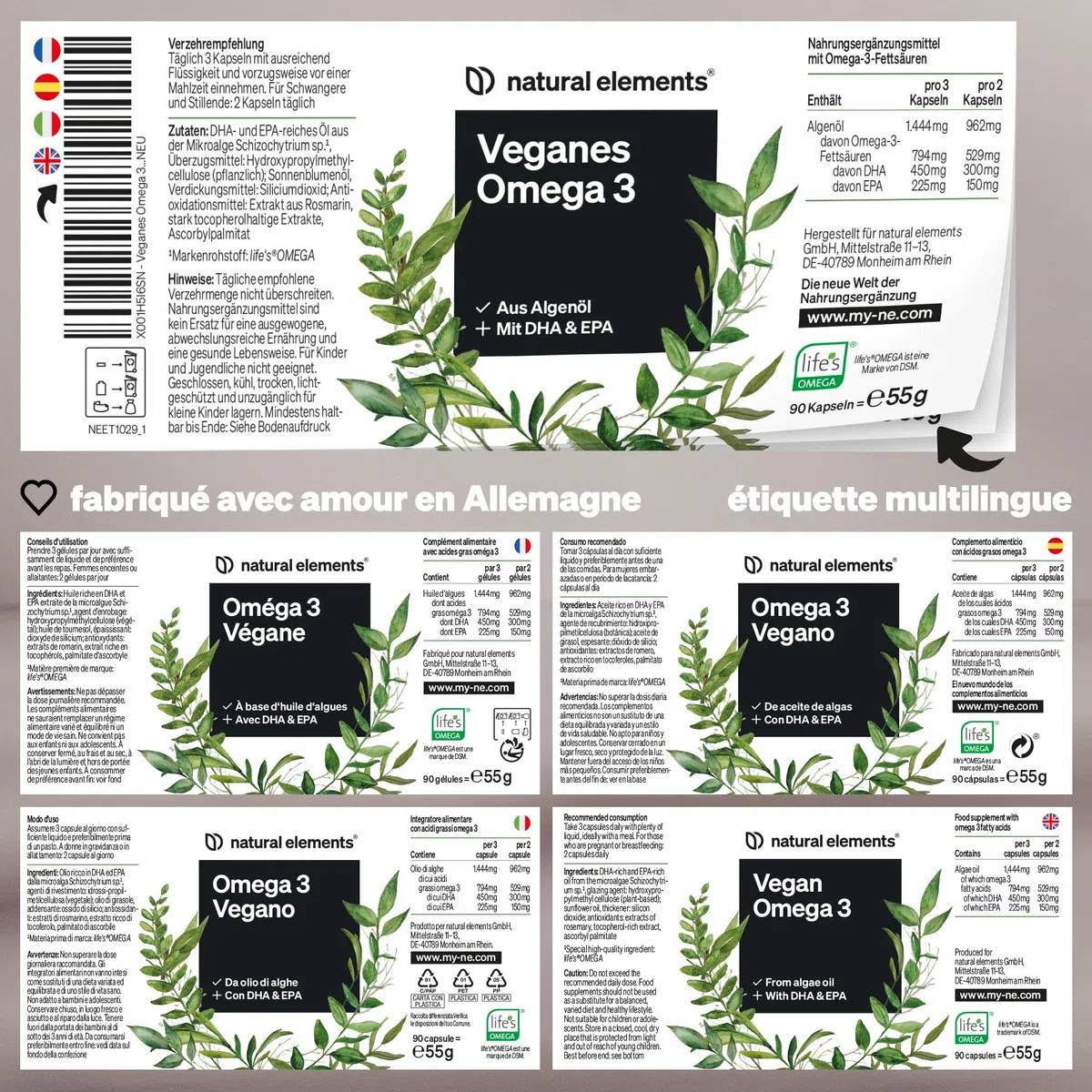 Omega 3 Vegan – 1444mg Huile d’Algues – 90 Gélules – Oméga 3 avec DHA & EPA de haute qualité – Omega 3 pour végétaliens – contrôlé en laboratoire