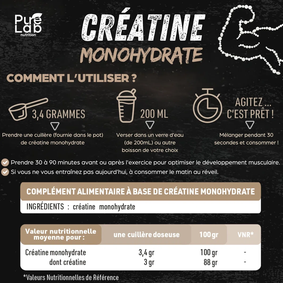 Créatine monohydrate poudre 100% pure de qualité micronisée - 90 portions - Haute Absorption - Performance, Force, Masse Musculaire et Efforts Intenses - 100% vegan