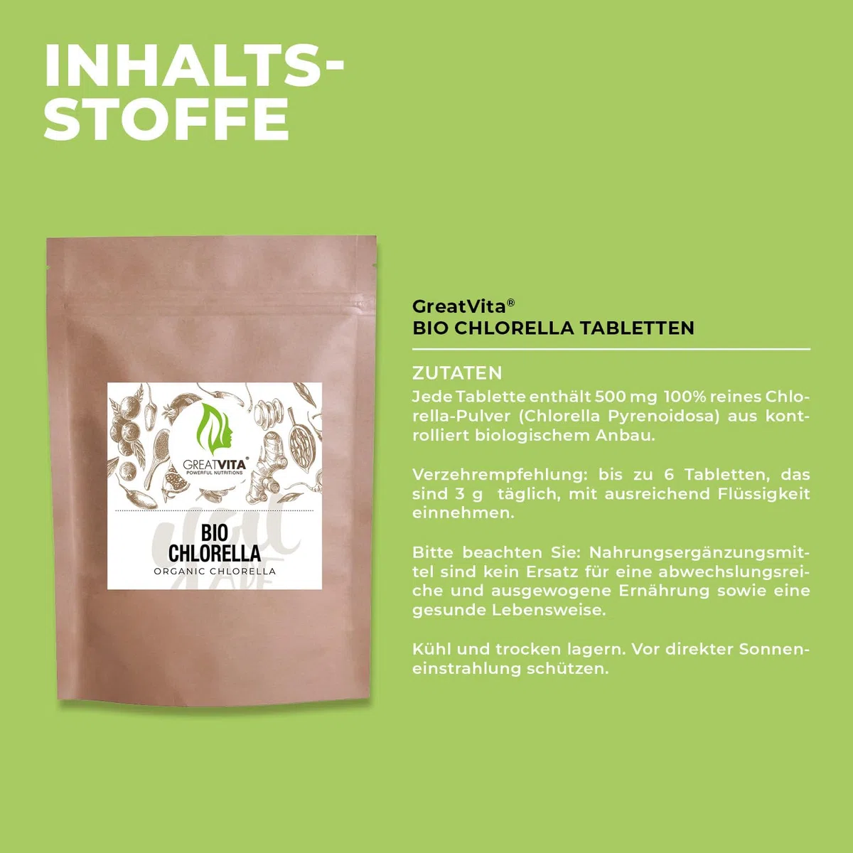 GreatVita Chlorella Bio Lot de 1 600 comprimés de chlorelle bio - 500 mg - 800 g - Sans additifs - Végétalien et durable - Riche en chlorophylle et caroténoïdes