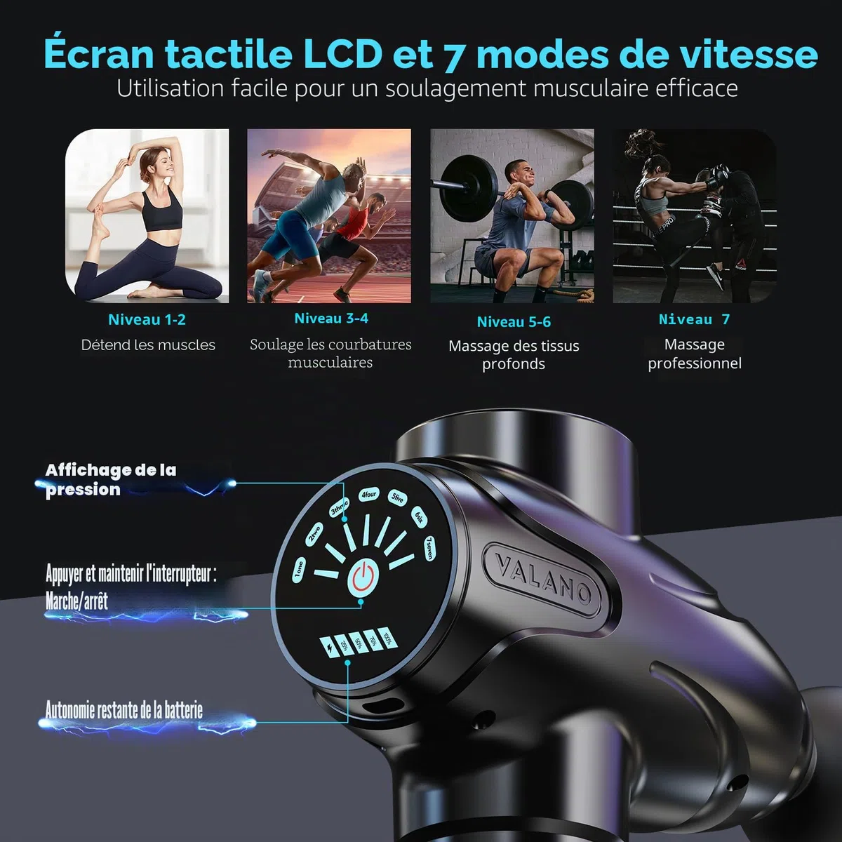 Valano Pistolet de Massage Musculaire Professionnel, Massage Gun avec 10 Têtes & 7 Vitesses Masseur Dos et Cervicales Silencieux Appareil de Massage Électrique pour Sportif, Idée Cadeau Homme et Femme
