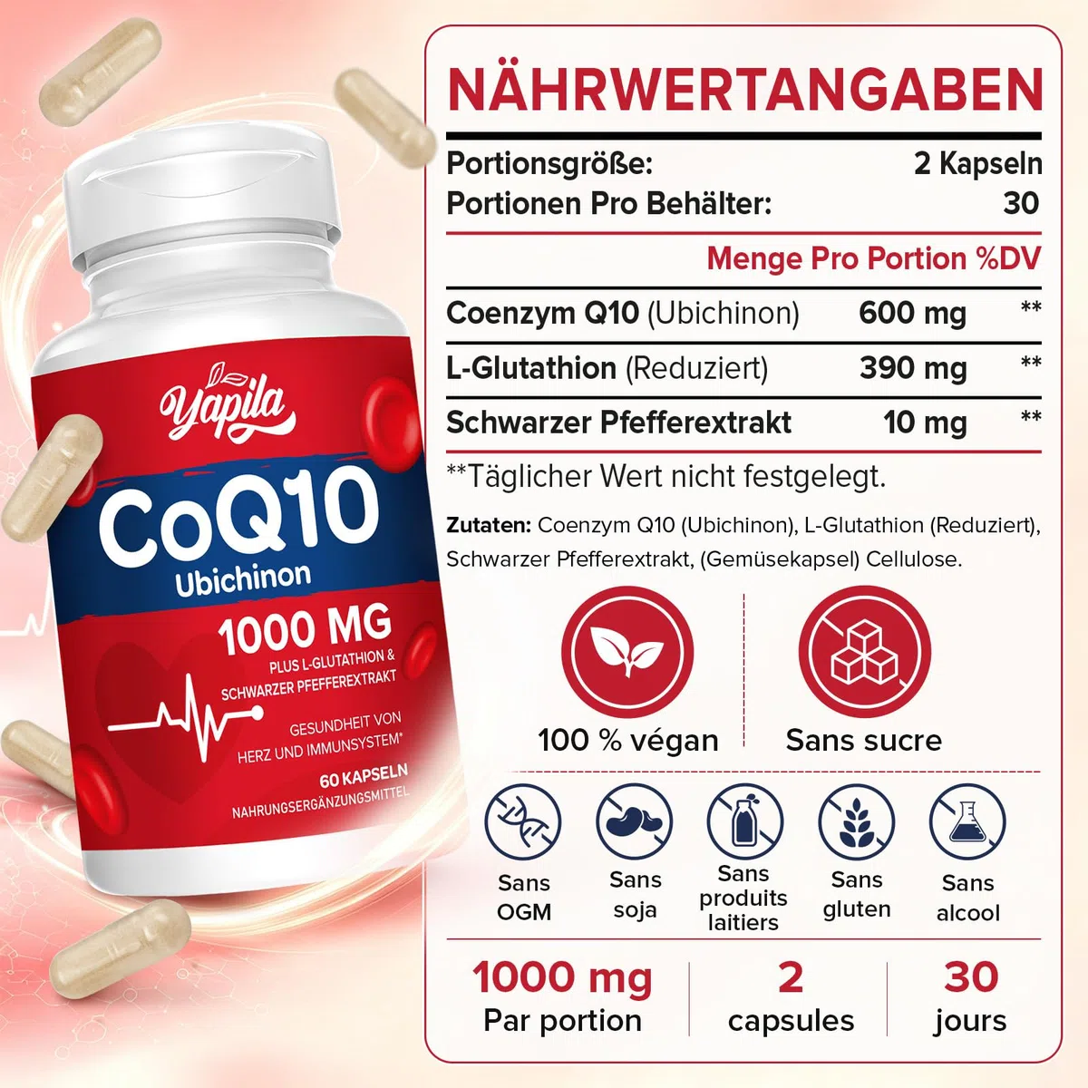 CoQ10 avec L-Glutathion 1000mg Gélules - 100% Coenzyme Q10 Fermentée, Q10 Coenzyme Hautement Dosée, Antioxydant Co Enzyme Q 10, Sans Soja, Sans Gluten,Végétalien