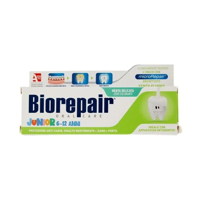 Biorepair, Dentifrice Junior 6-12 ans, 6 paquets de 75 ml, Dentifrice pour enfants sans fluor, avec vitamine E, antioxydant, pour gencives saines, rafraîchissant goût menthe