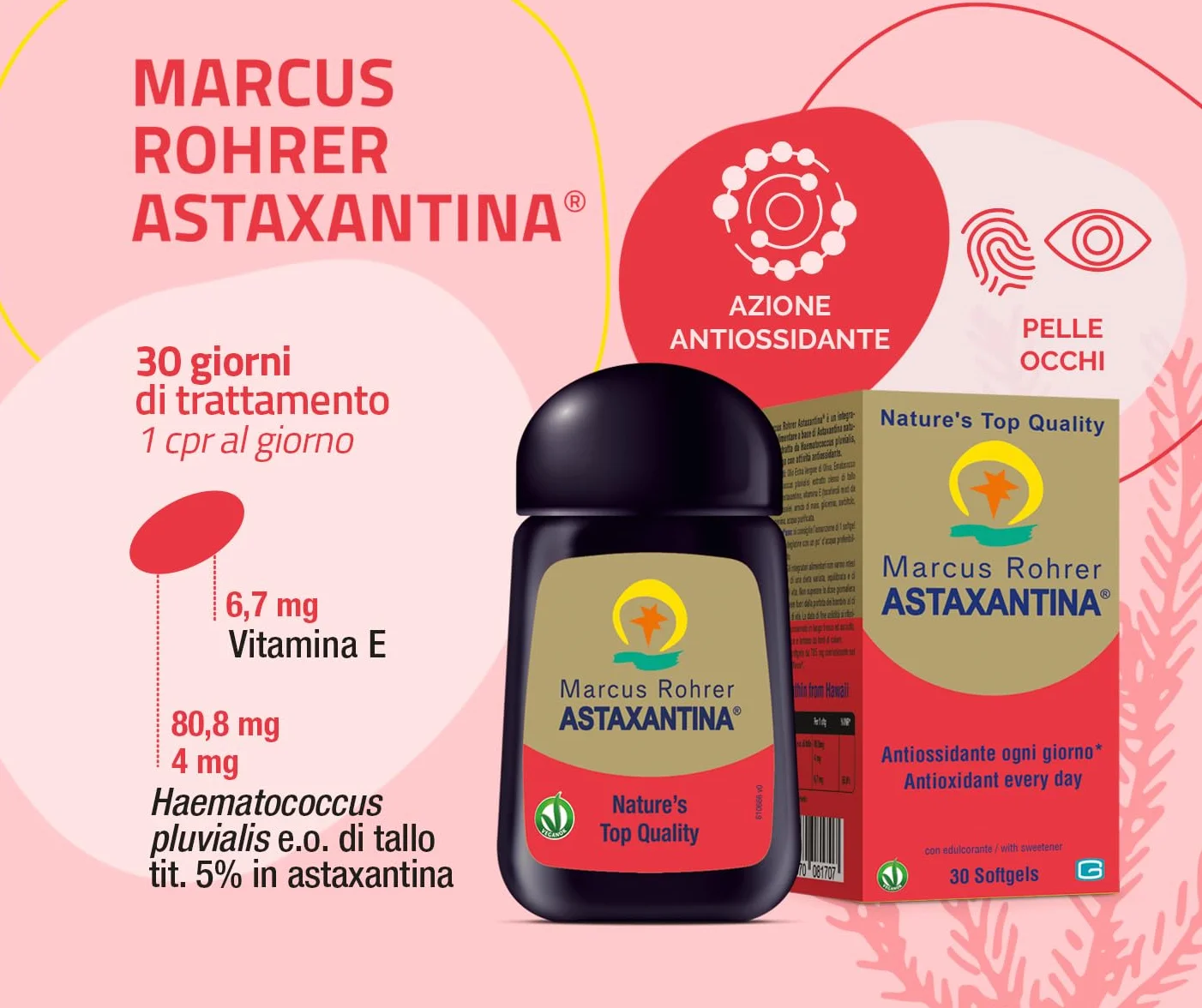 Marcus Rohrer Astaxanthine, Complément Alimentaire Antioxydant, Protection Soleil, Rayons UV, Vieillissement Peau et Yeux, Stress Oxydatif, 30 Softgel