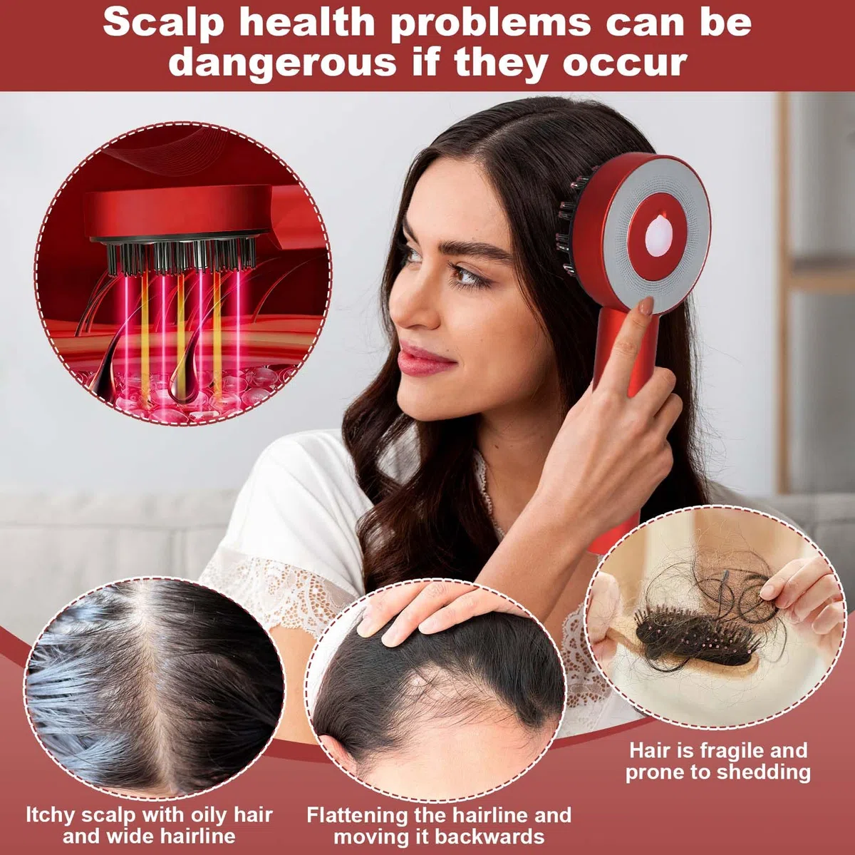 Brosse Massage Cuir Chevelu Électrique, Masseur Tête avec Lumière Rouge & Bleue, Applicateur Huile Cheveux 6 ml, 3 Modes de Pétrissage, IPX7 Étanche – pour la Détente du Cuir Chevelu, Rouge