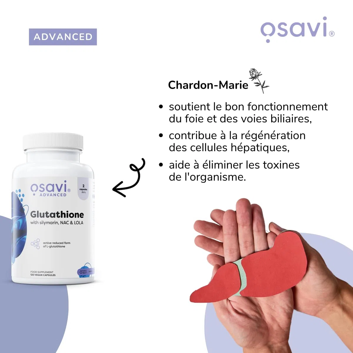 Osavi Glutathion avec NAC, Silymarine & LOLA – 60 Gélules Véganes | L-glutathion réduit (GSH) | Extrait de chardon-marie 80% silymarine | Soutient le foie
