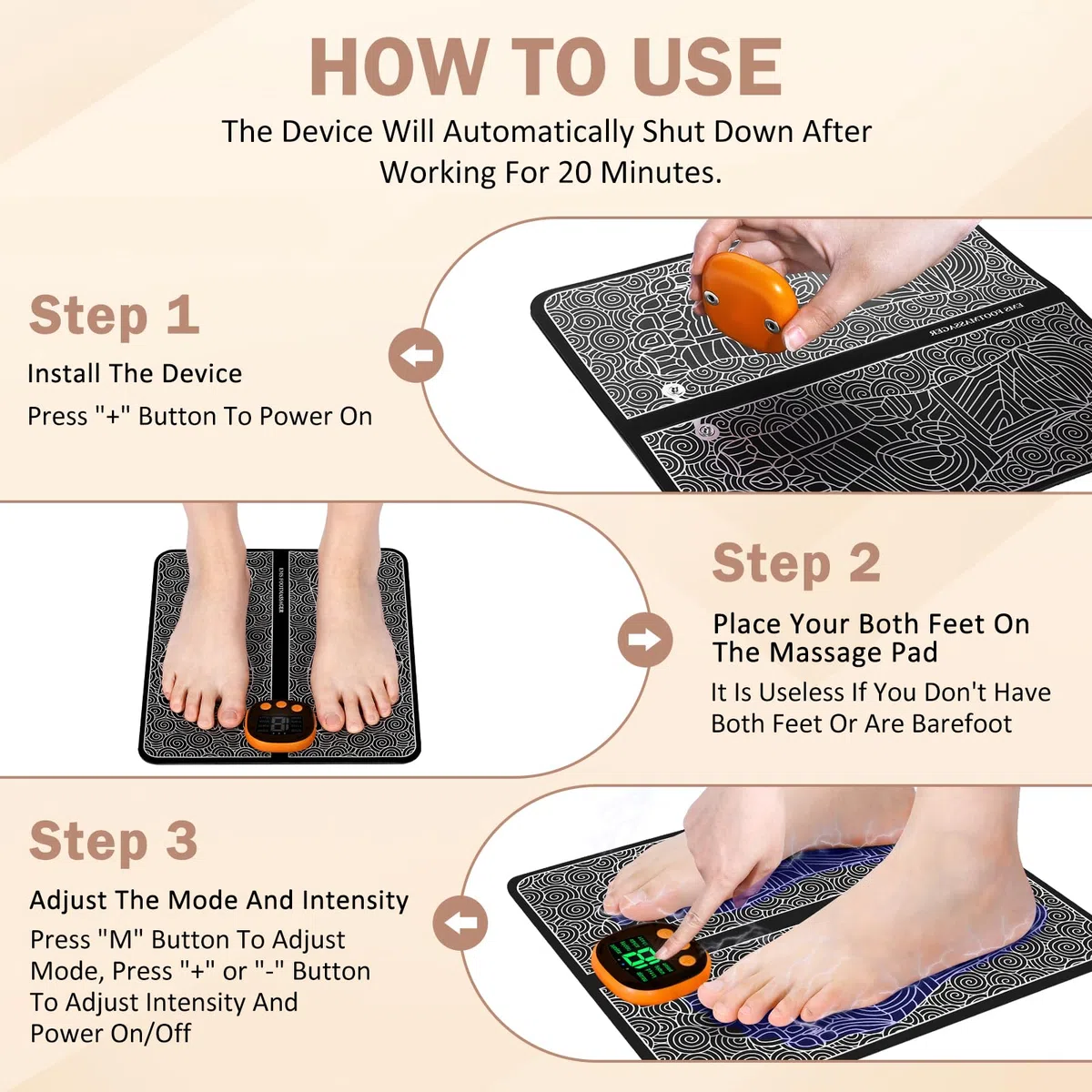 Masseur de Pieds EMS Portable, Tapis Masseur des Pieds Électrique Pliable avec 8 Modes et 19 Niveaux d'Intensité, pour Circulation Sanguine et Relaxation Musculaire