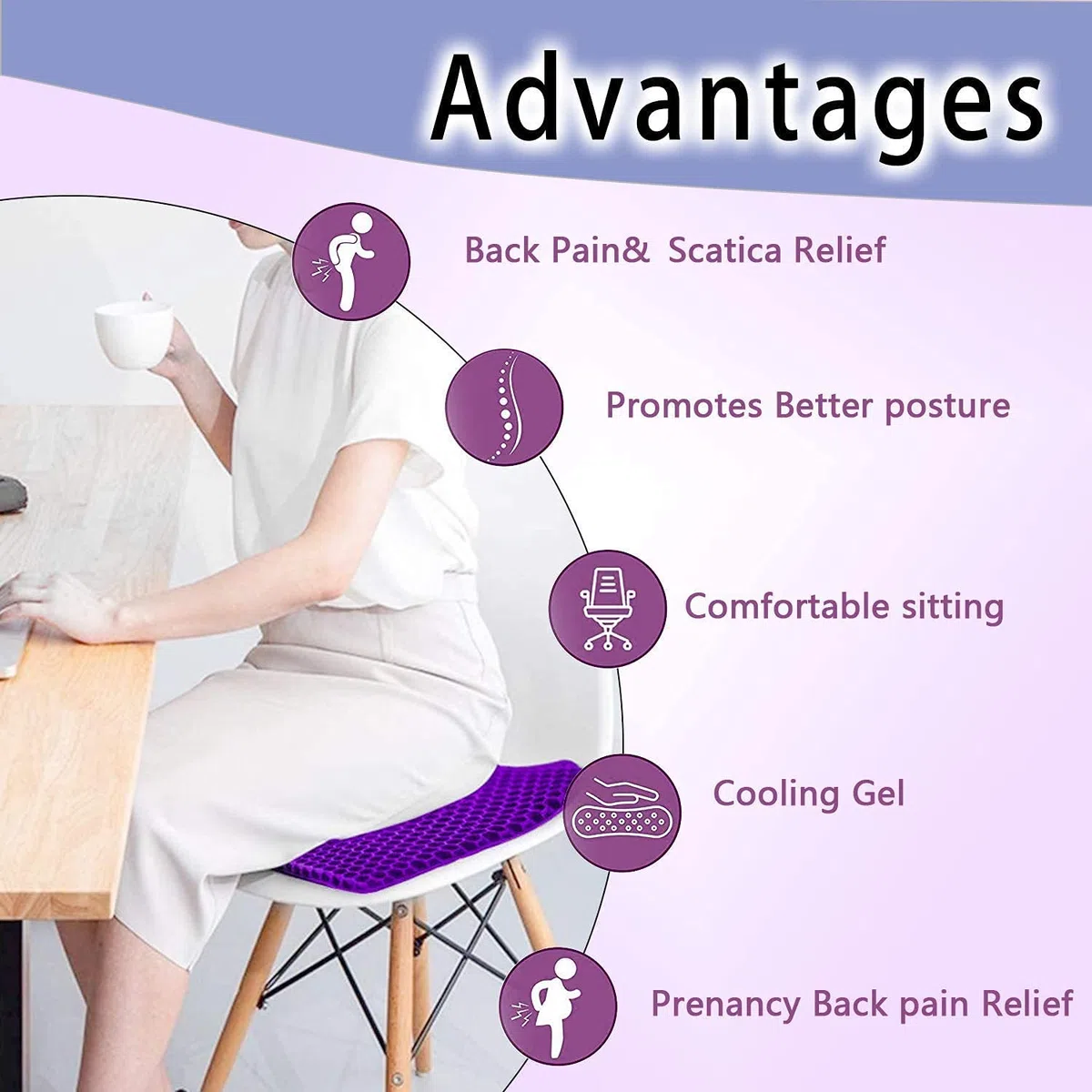 Coussin de Chaise,Coussin de Gel Respirant, Coussin Anti Escarres, Soulage la Pression sur Le Orthopédique avec Housse Antidérapant pour Voiture/Bureau/Maison/Fauteuil Roulant (Violet)