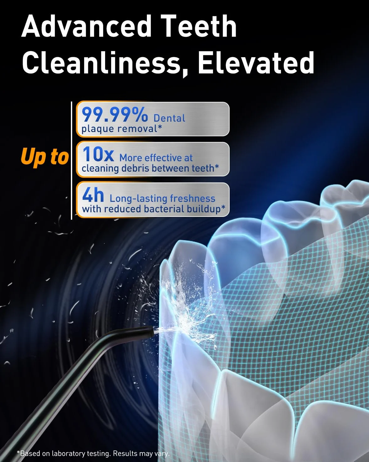 MySmile LP221 UVC Hydropulseur sans fil stérilisable pour les dents 335ML Écran OLED portable avec 4 modes, 8 embouts de jet et une pochette de rangement pour la maison et les voyages (Noir Minuit)