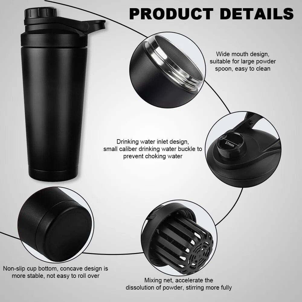 Shaker protéiné isotherme 750 ml acier inoxydable, sans bruit, sans BPA, bouteille d'eau et maille mélangée