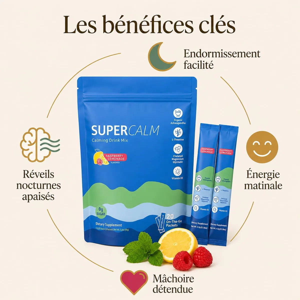 SuperCalm Cortisol Anti Stress | Formule Ashwagandha, L-Theanine + Magnésium Glycinate & Vitamine D3 | Apaise le stress quotidien | 0 Sucre Goût Framboise 100% naturel | Routine simple et agréable