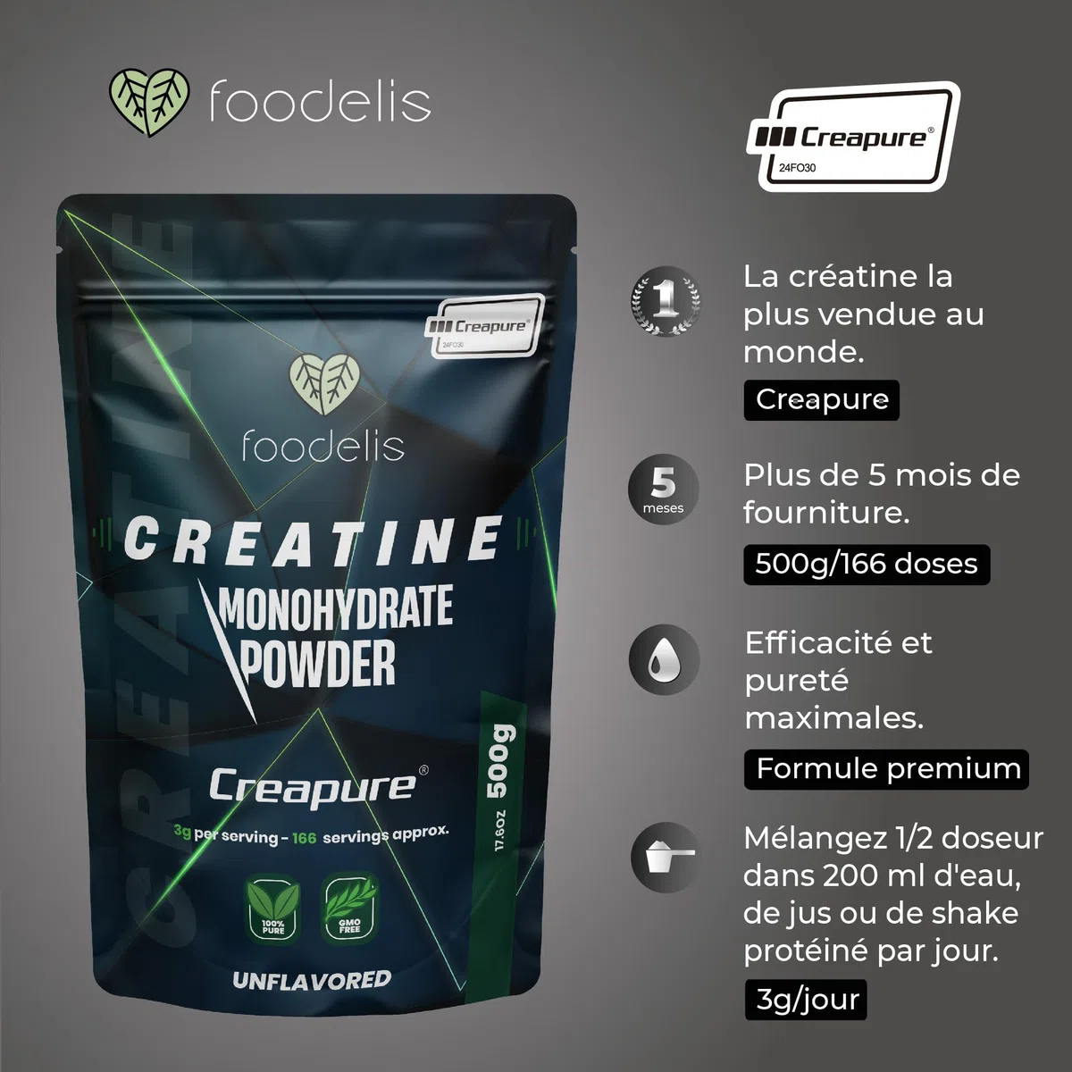 Foodelis Creatine Monohydrate Creapure 500g en poudre - 100% Creatine Creapure - Sans arôme, Non-OGM, Pure et sans additifs - Avec dosette incluse - Haute solubilité