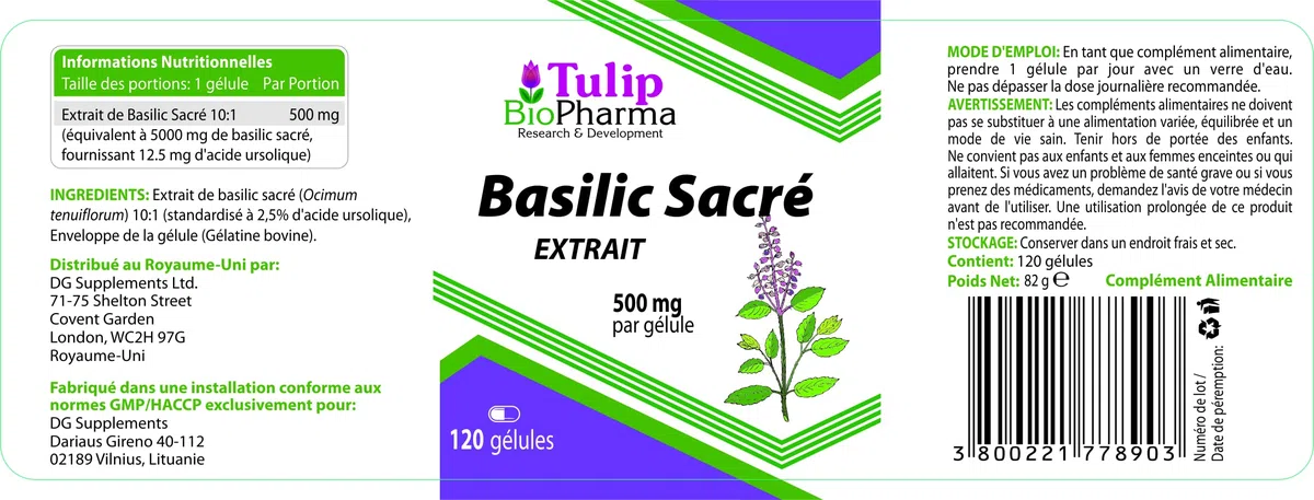 Basilic Tulsi sacré 5000mg Equivalent (500mg d'extrait 10:1) 120 Capsules, très fort, sans gluten, sans OGM, sans agent de remplissage