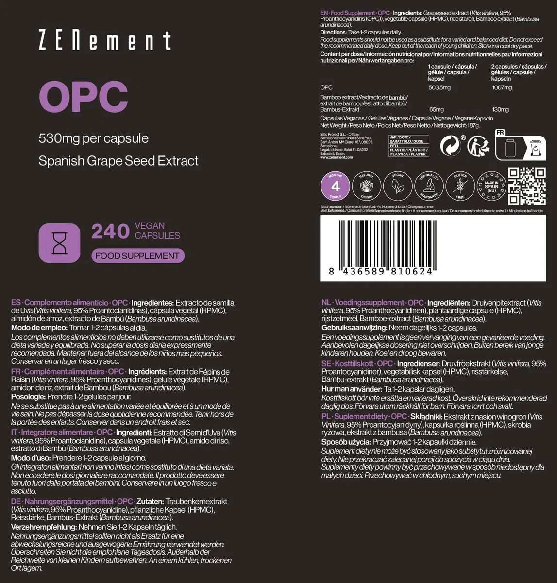 OPC - 1007 mg Purs par Dose (2 Gélules) - Extrait Concentré de Pépins de Raisin (Vitis vinifera L.) - 95% Proanthocyanidines - Source d’Antioxydants Naturels - 240 Gélules Véganes - Zenement