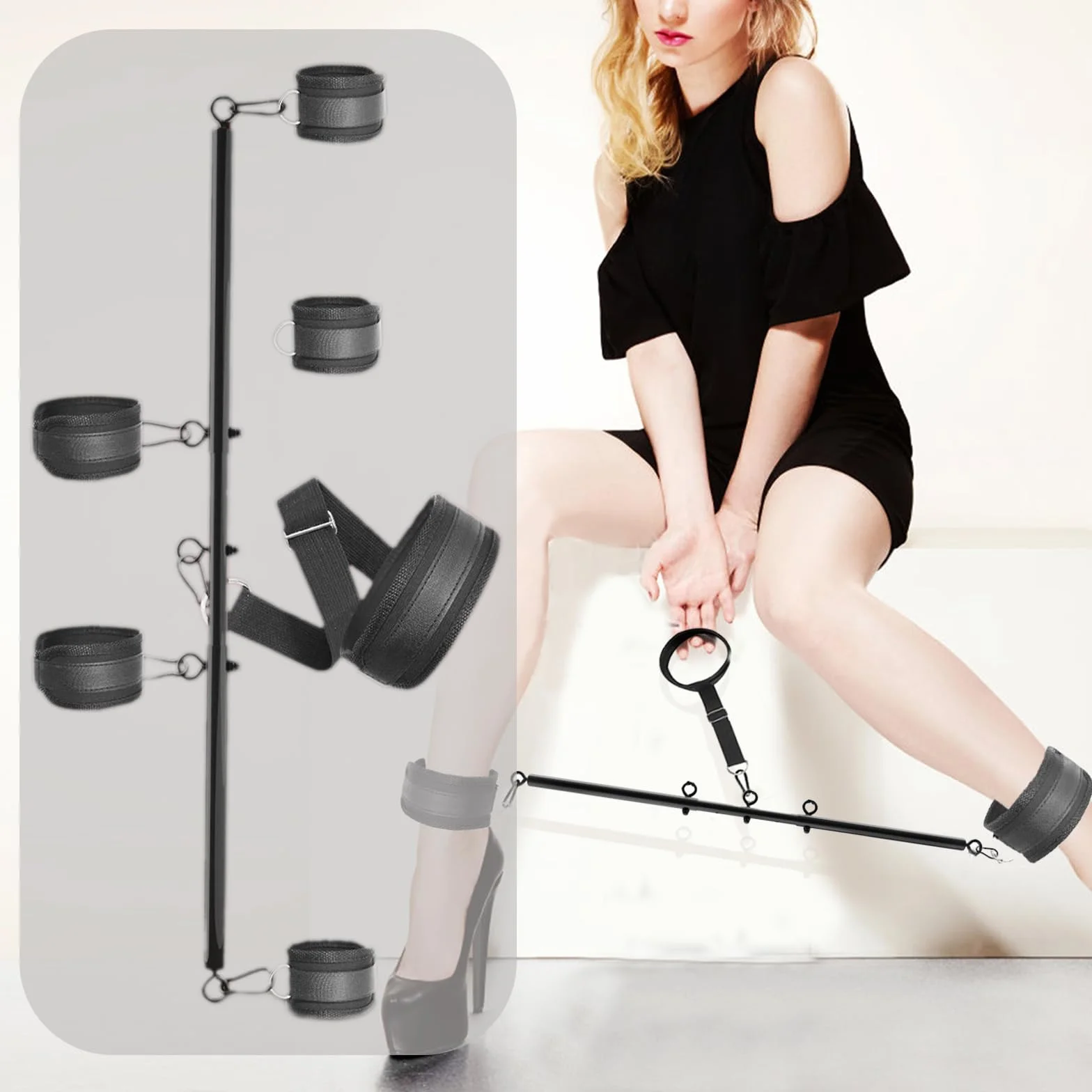 Menottes BDSM, Kit de bondage polyvalent de cou à poignet avec barre d'écartement, menottes et chevillères réglables, jouets sexuels pour couples, jouets sexuels pour adultes pour jeux SM (56-91 cm)