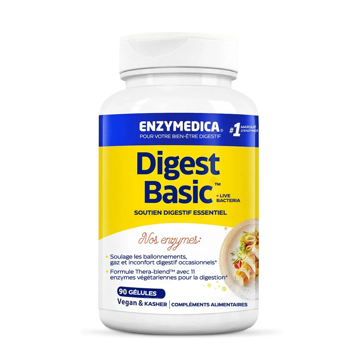 Enzymedica, Digest Basic + Live Bacteria, Formule Enzymatique, Réduit Les Gaz Et Les Ballonnements, Améliore L'Absorption Des Nutriments Et L'Énergie, Sans Gluten, Sans Produits Laitiers, 90 Capsules
