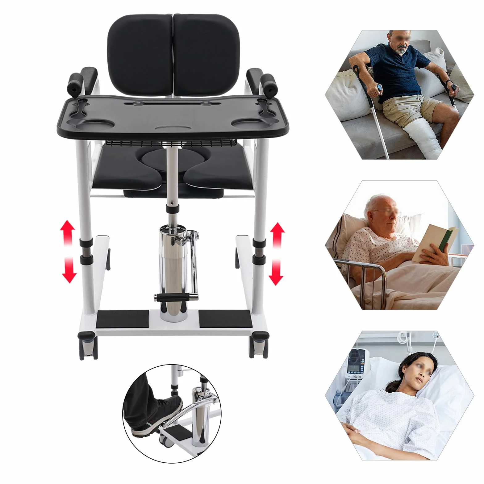 Patientenlifter Chaise de transfert pour patients - Chaise de salle de bain - Fauteuil roulant réglable en hauteur - Pour toilettes et salle de bain