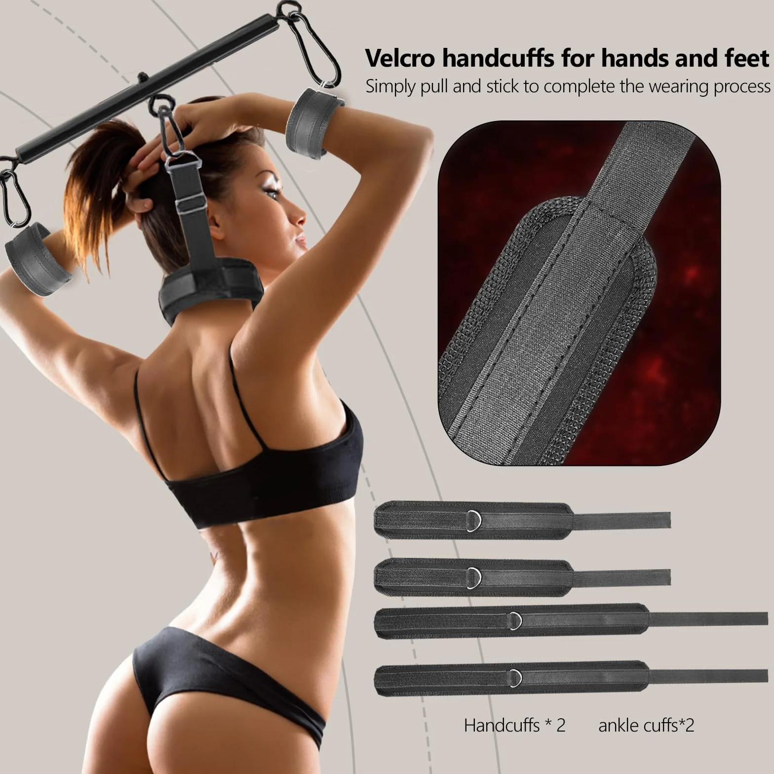Menottes BDSM, Kit de bondage polyvalent de cou à poignet avec barre d'écartement, menottes et chevillères réglables, jouets sexuels pour couples, jouets sexuels pour adultes pour jeux SM (56-91 cm)